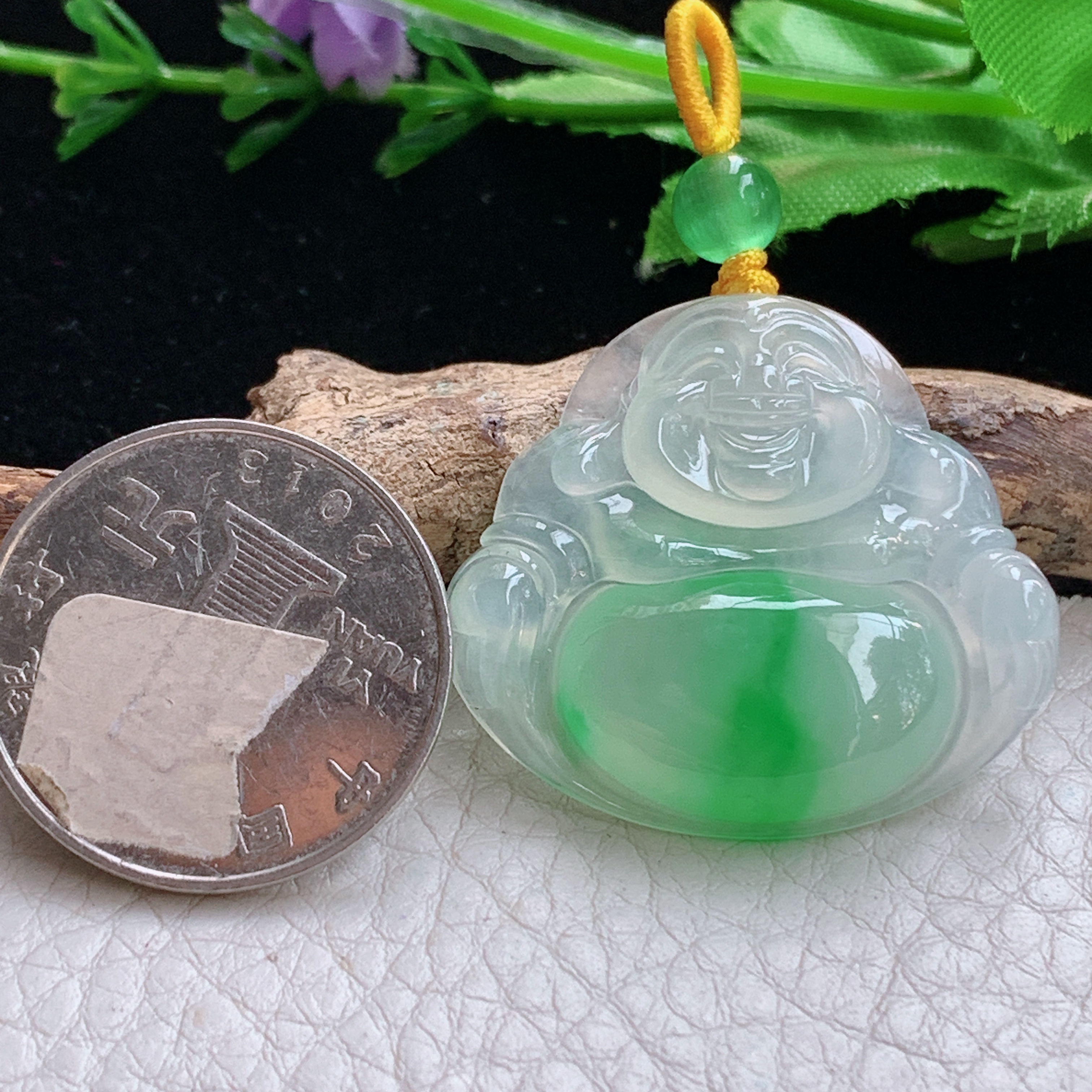 gp 实拍29.8*33.3*6缅甸天然翡翠冰种阳绿佛公吊坠精品弥勒佛像玉坠