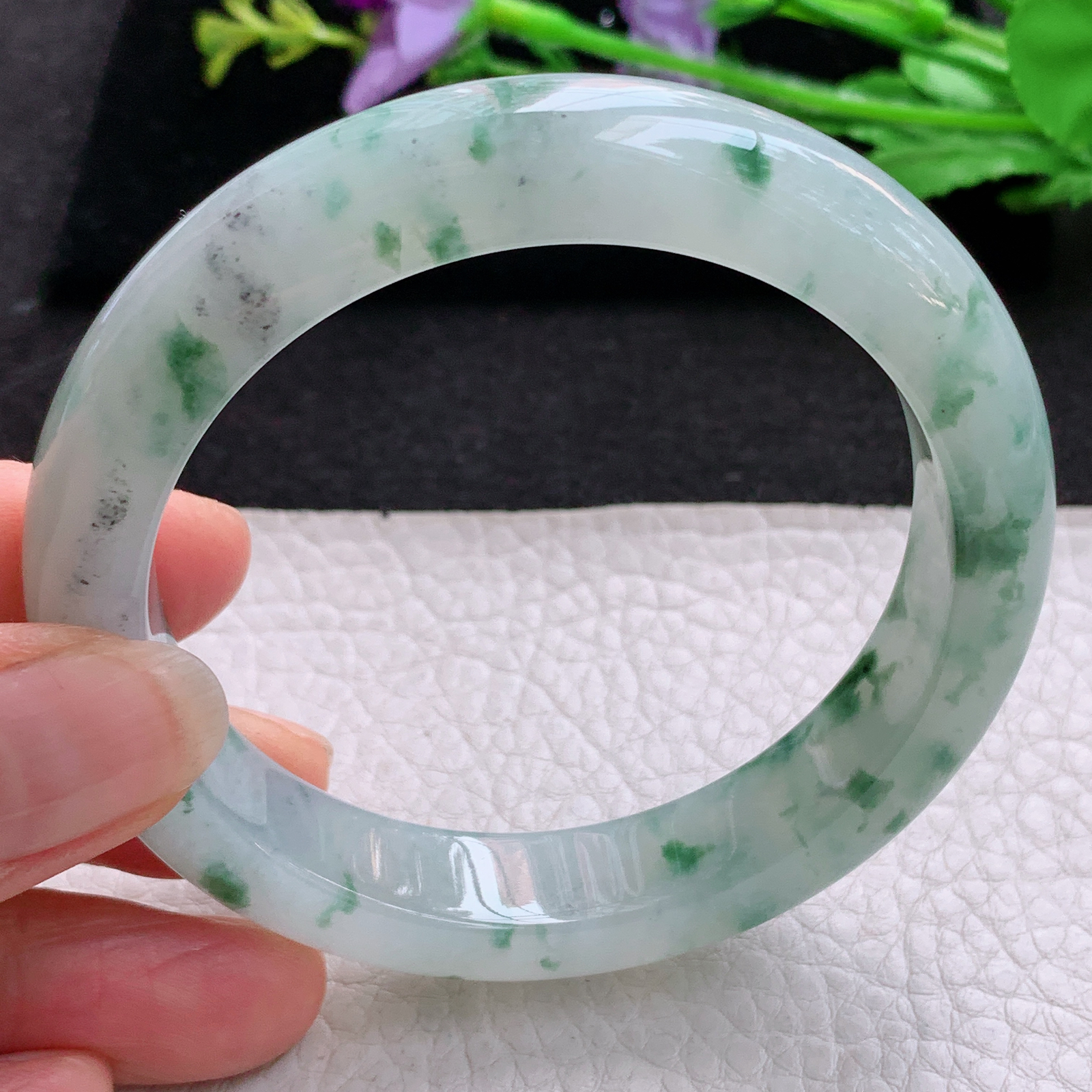 nr冰润飘花款56*12*8.8平安镯 天然缅甸翡翠A货飘逸冰胶宽边玉手环