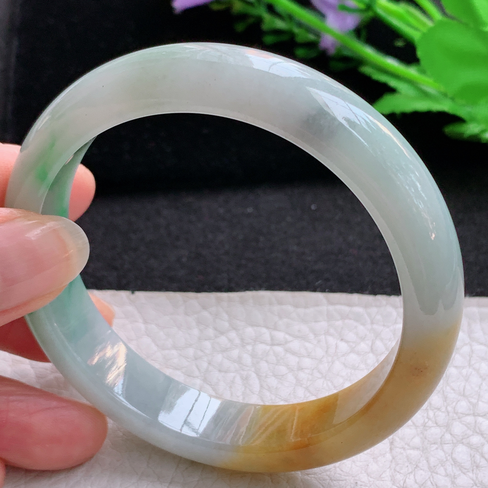 h实拍57*12.6*7.7平安镯 天然缅甸翡翠A货细润三彩鲜靓宽边玉手环