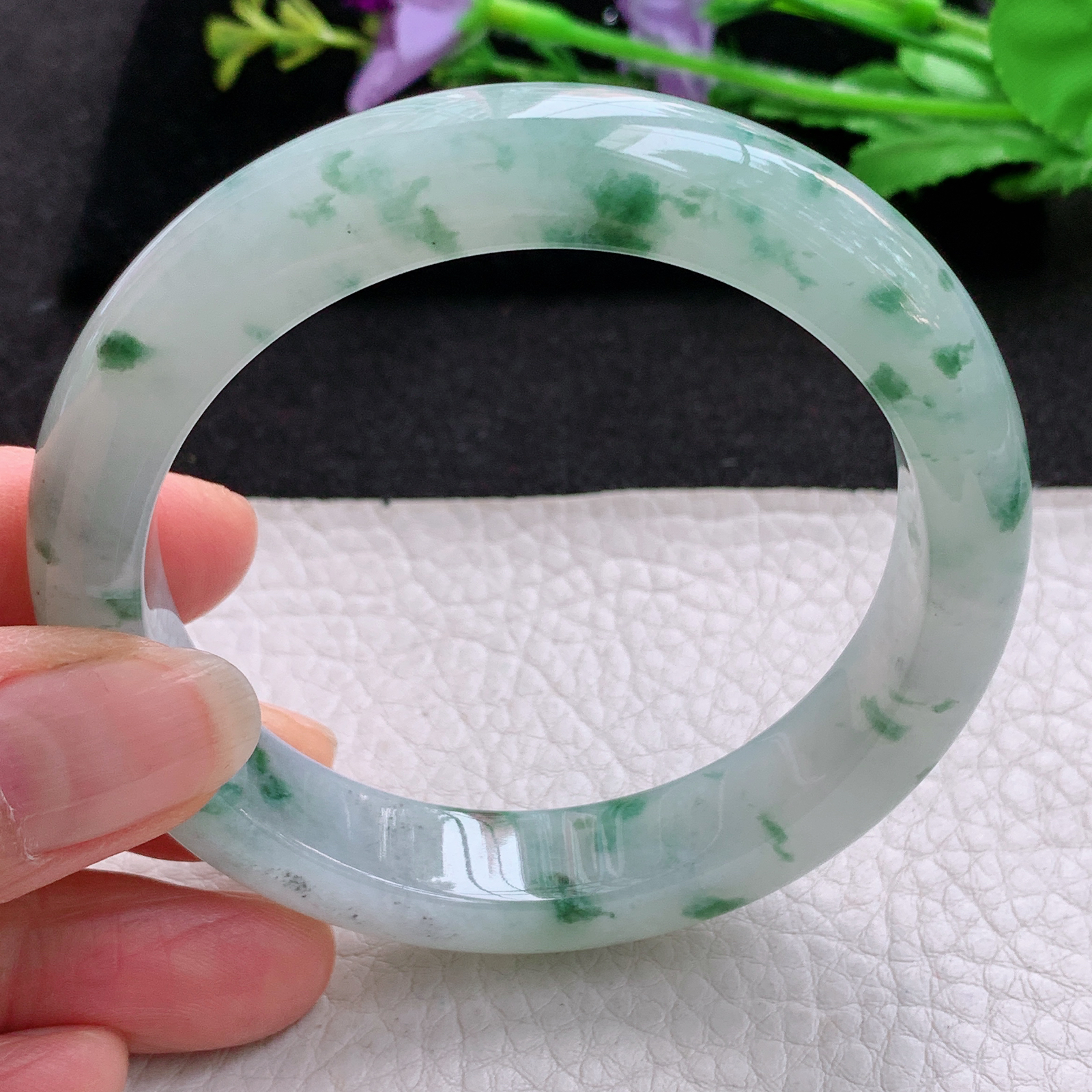 nr冰润飘花款56*12*8.8平安镯 天然缅甸翡翠A货飘逸冰胶宽边玉手环