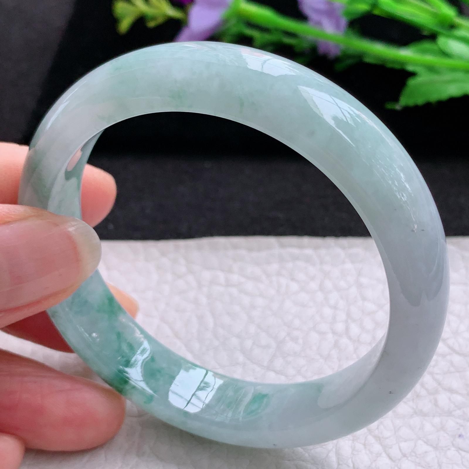 z实拍53.6*12.3*7.5飘花平安镯 天然缅甸翡翠A货胶感飘逸宽边玉手环