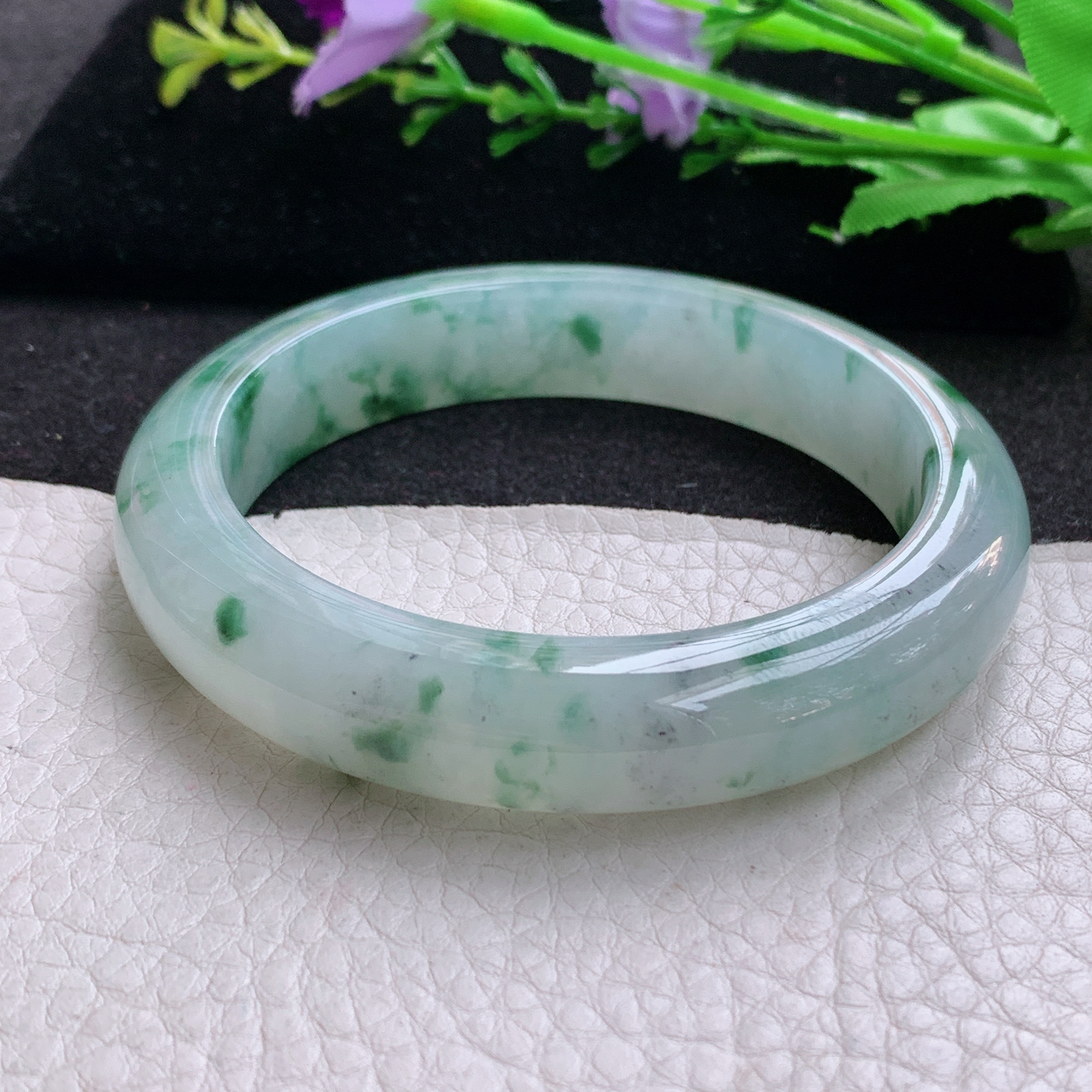 nr冰润飘花款56*12*8.8平安镯 天然缅甸翡翠A货飘逸冰胶宽边玉手环