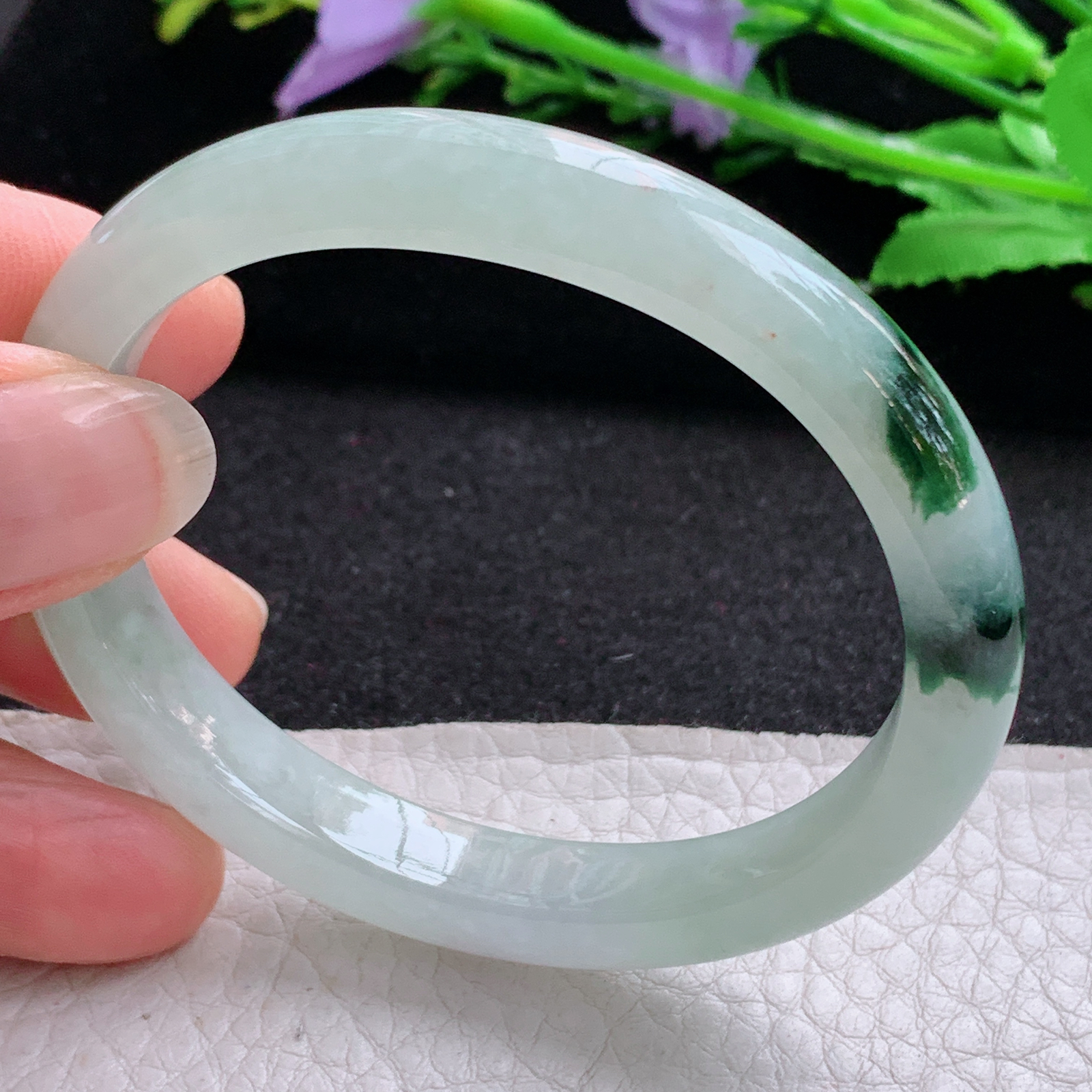 z实拍54*46.5*9*6.8贵妃镯 天然缅甸翡翠A货冰飘花蛋形宽边玉手环