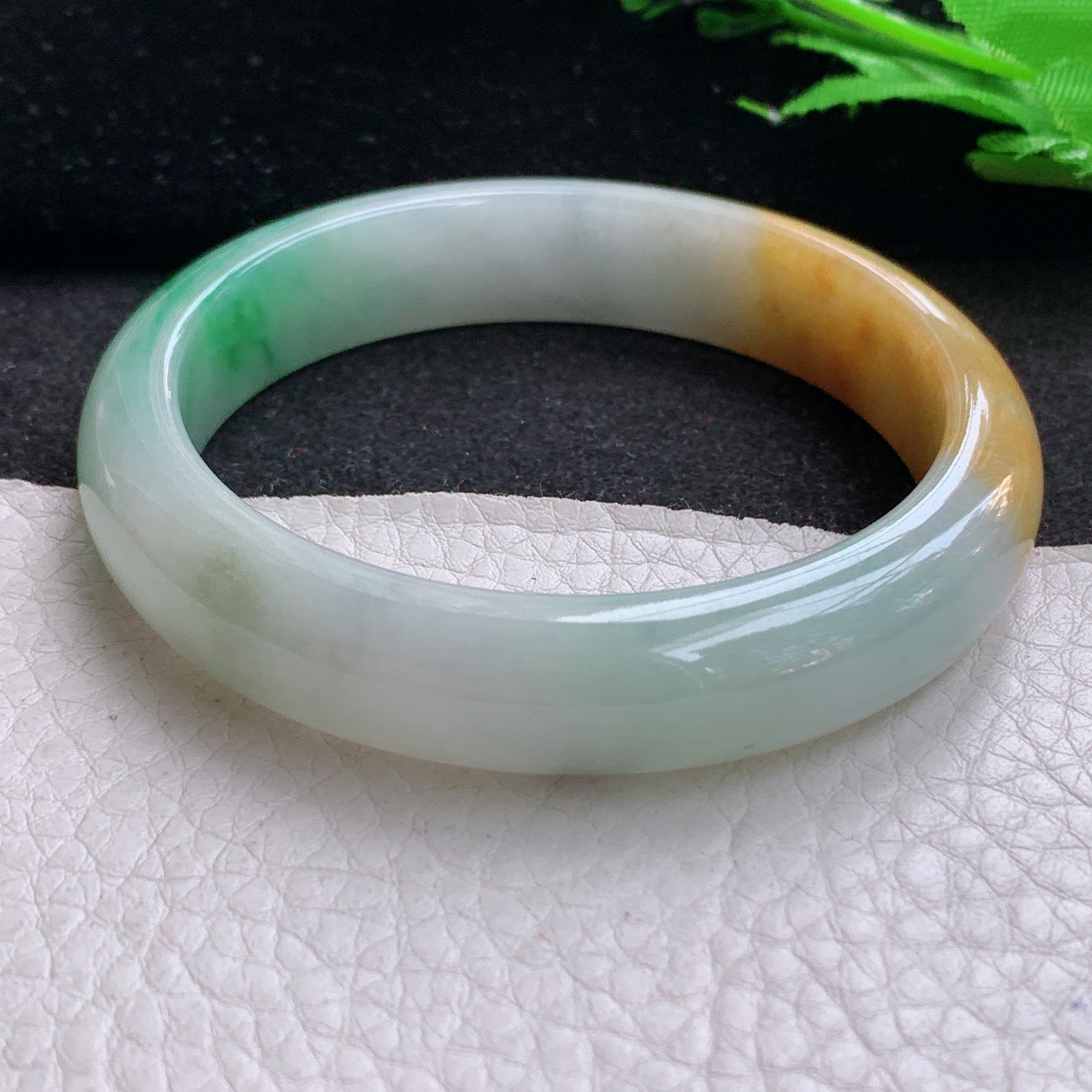 h实拍57*12.6*7.7平安镯 天然缅甸翡翠A货细润三彩鲜靓宽边玉手环