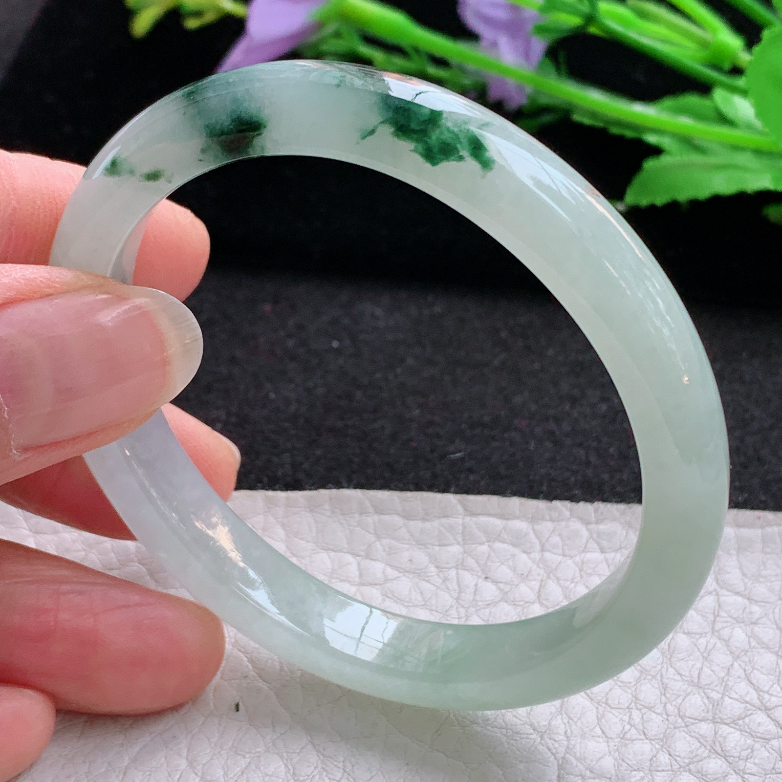 z实拍54*46.5*9*6.8贵妃镯 天然缅甸翡翠A货冰飘花蛋形宽边玉手环