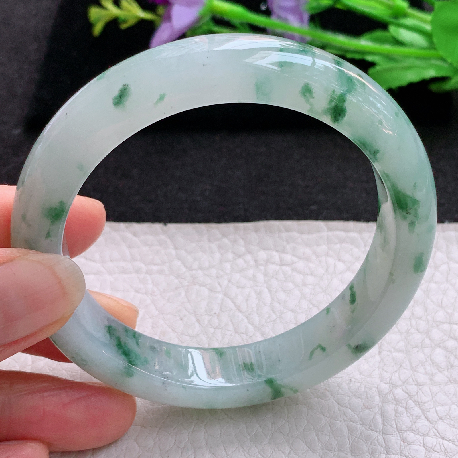 nr冰润飘花款56*12*8.8平安镯 天然缅甸翡翠A货飘逸冰胶宽边玉手环