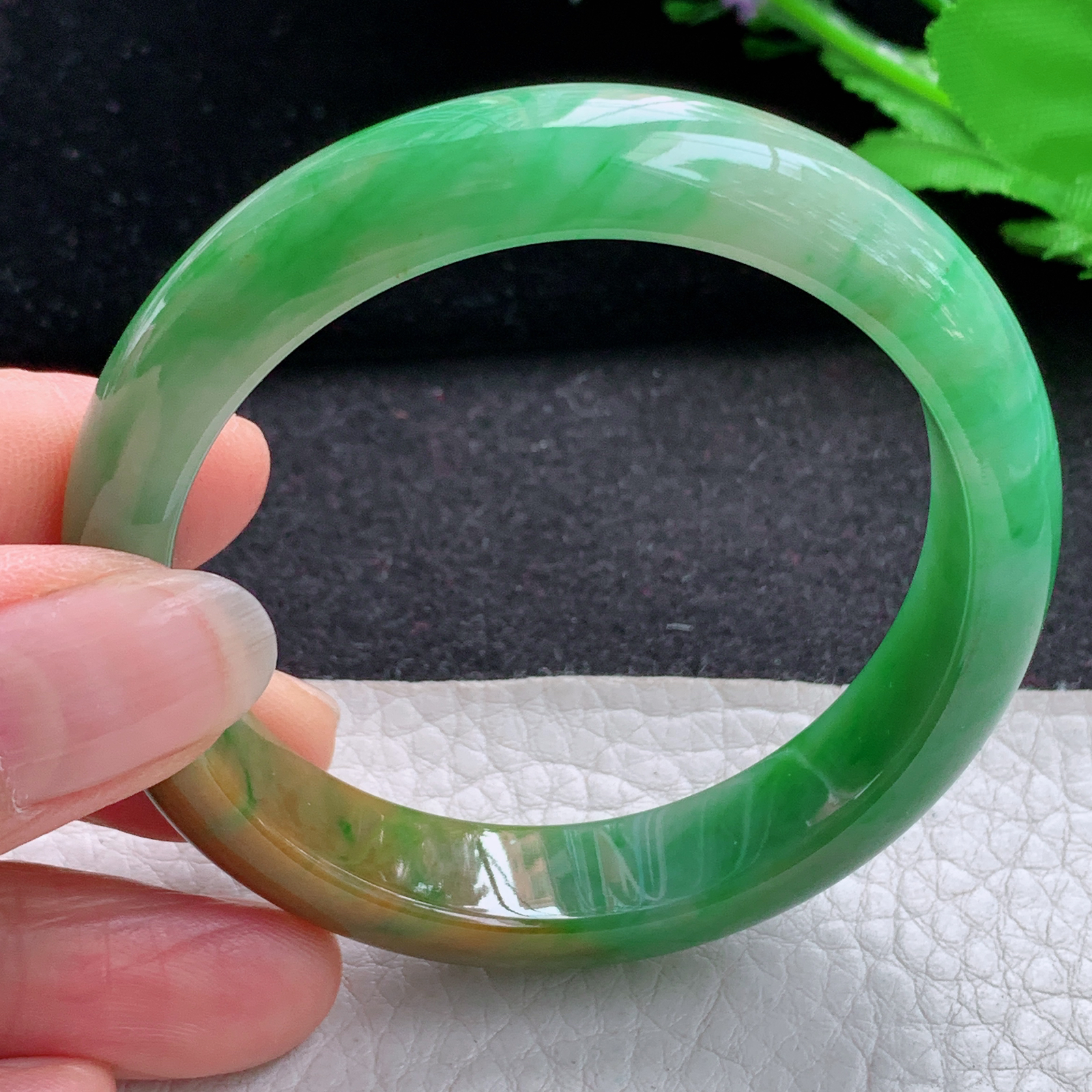 h小圈口52.3*12.2*7.5平安镯 天然缅甸翡翠A货细润辣色双彩宽边玉手环