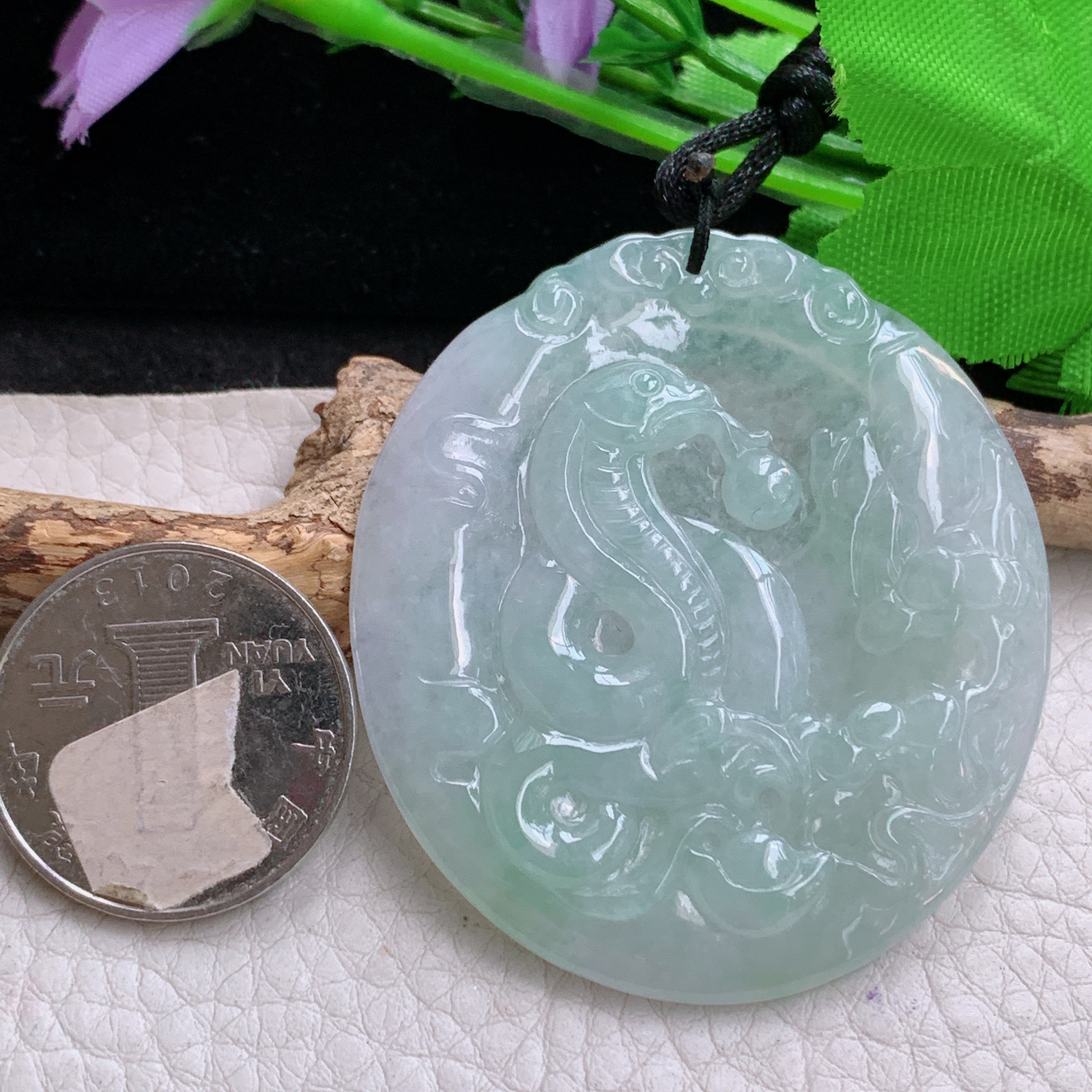 f8实拍52.5*47.2*5.3缅甸天然翡翠淡水绿生肖蛇吊坠腰缠万贯玉坠