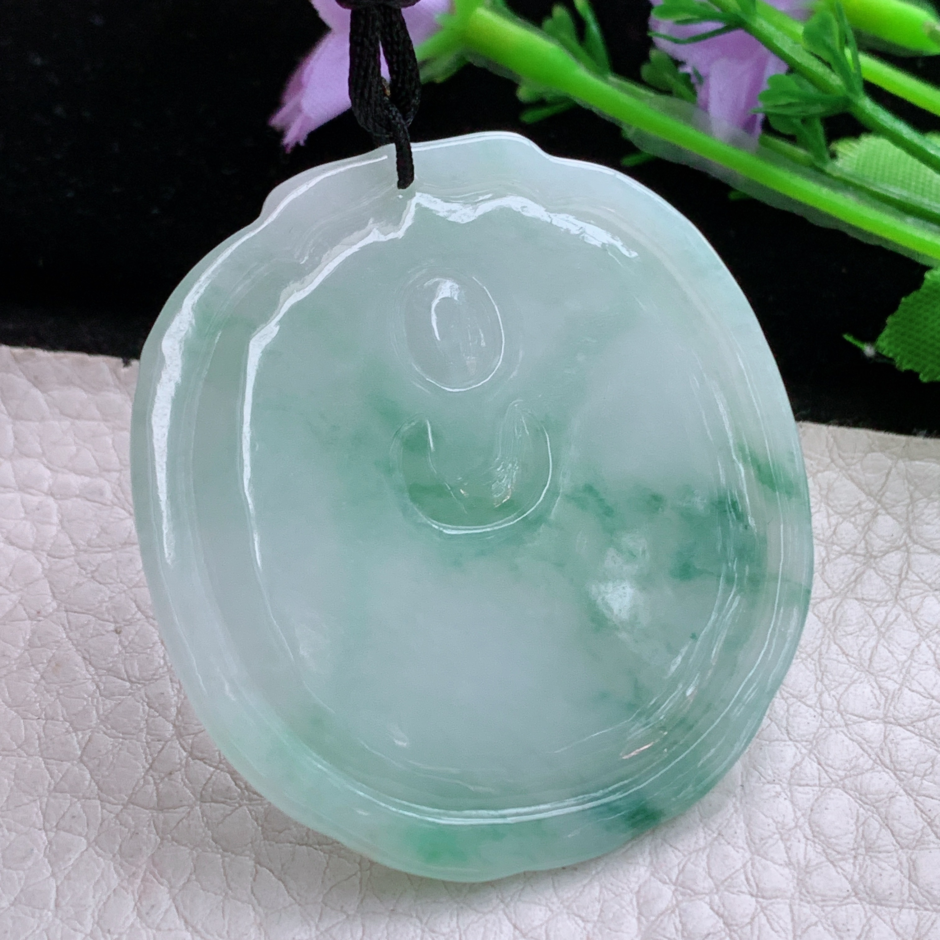 f8实拍51.5*48.6*5.6缅甸天然翡翠飘花文殊观音菩萨吊坠生肖守护神项坠