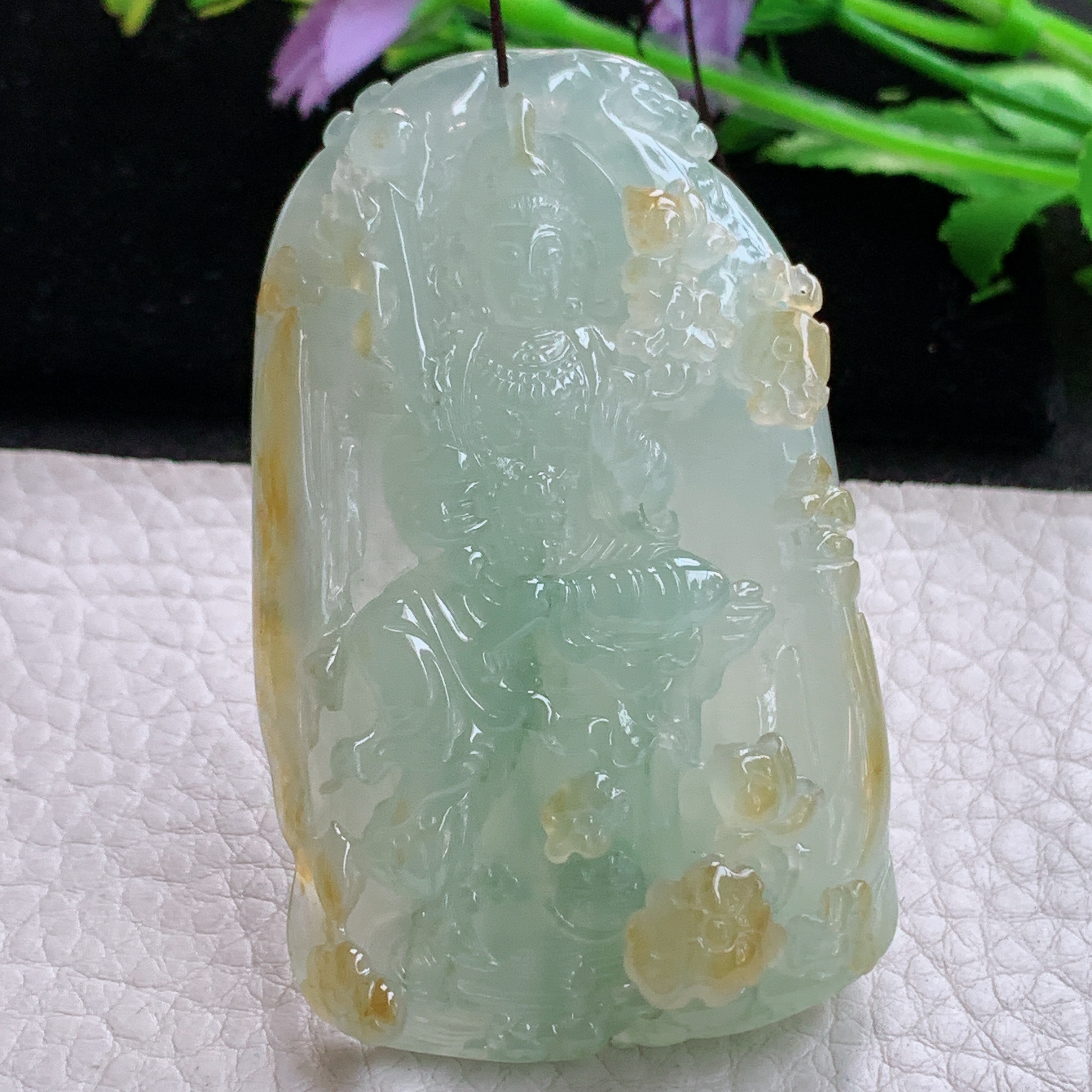 Sx实拍67*41*13.2缅甸天然翡翠冰黄翡虚空藏菩萨吊坠男款坐莲观音项坠