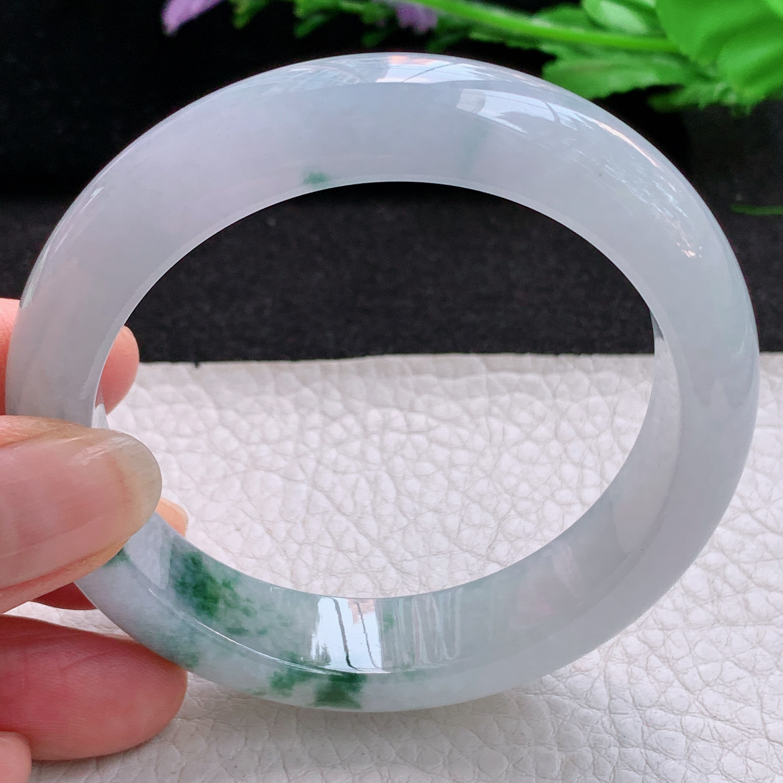 xo飘逸款56*13.5*8.8平安镯 天然缅甸翡翠A货冰飘花宽边玉手环