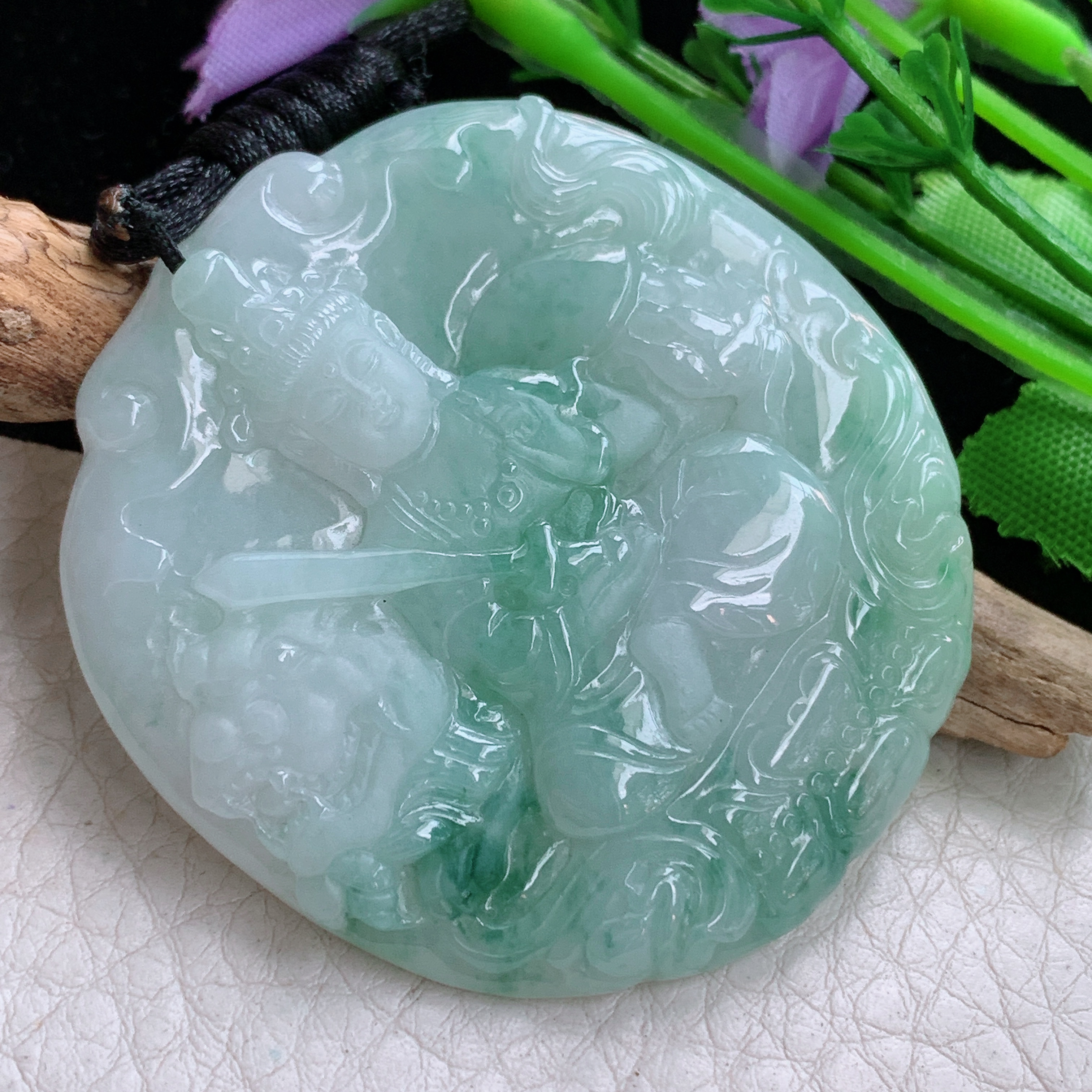 f8实拍51.5*48.6*5.6缅甸天然翡翠飘花文殊观音菩萨吊坠生肖守护神项坠