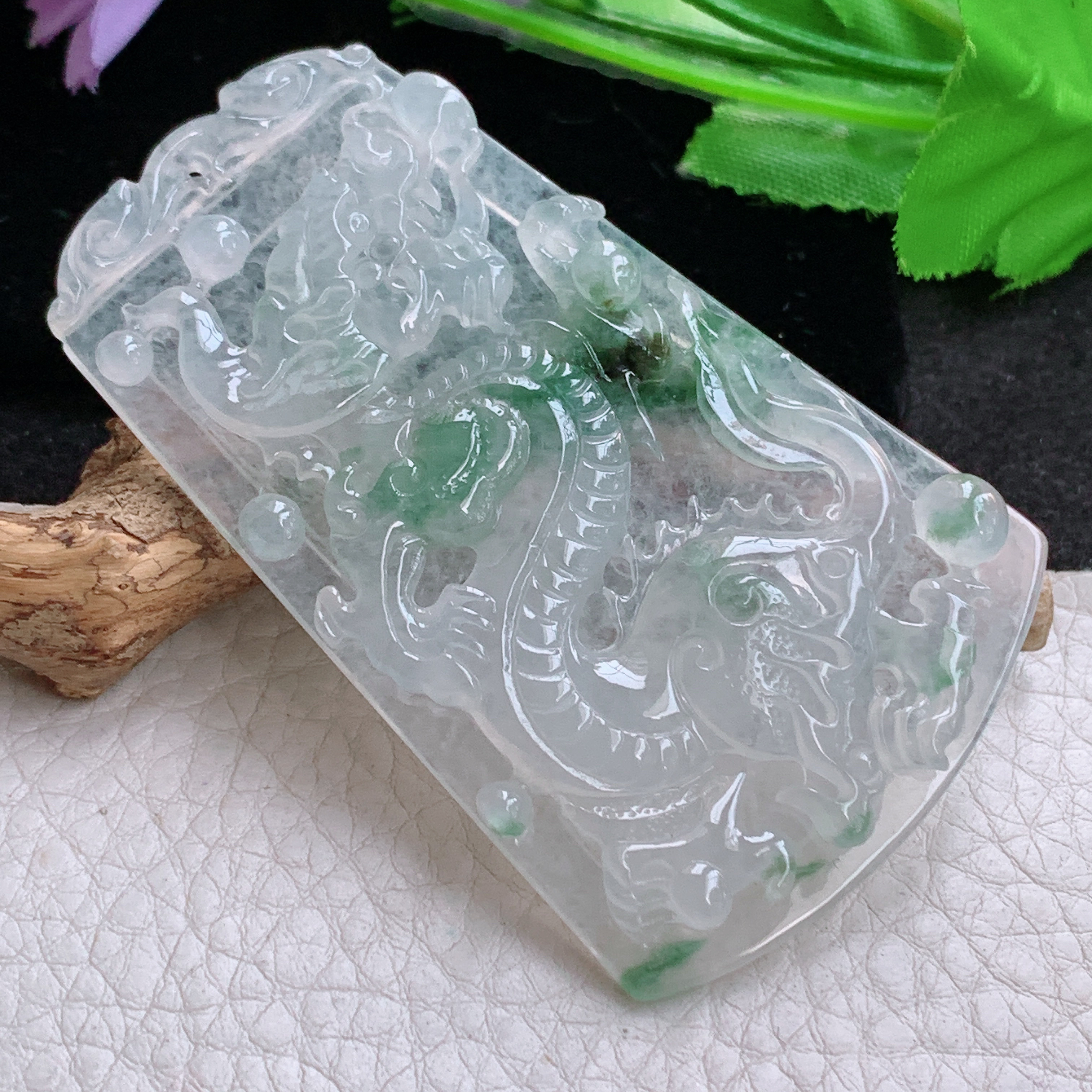 Sx实拍71.8*45*5.8缅甸天然翡翠冰飘花大龙牌吊坠男款飞龙在天项坠