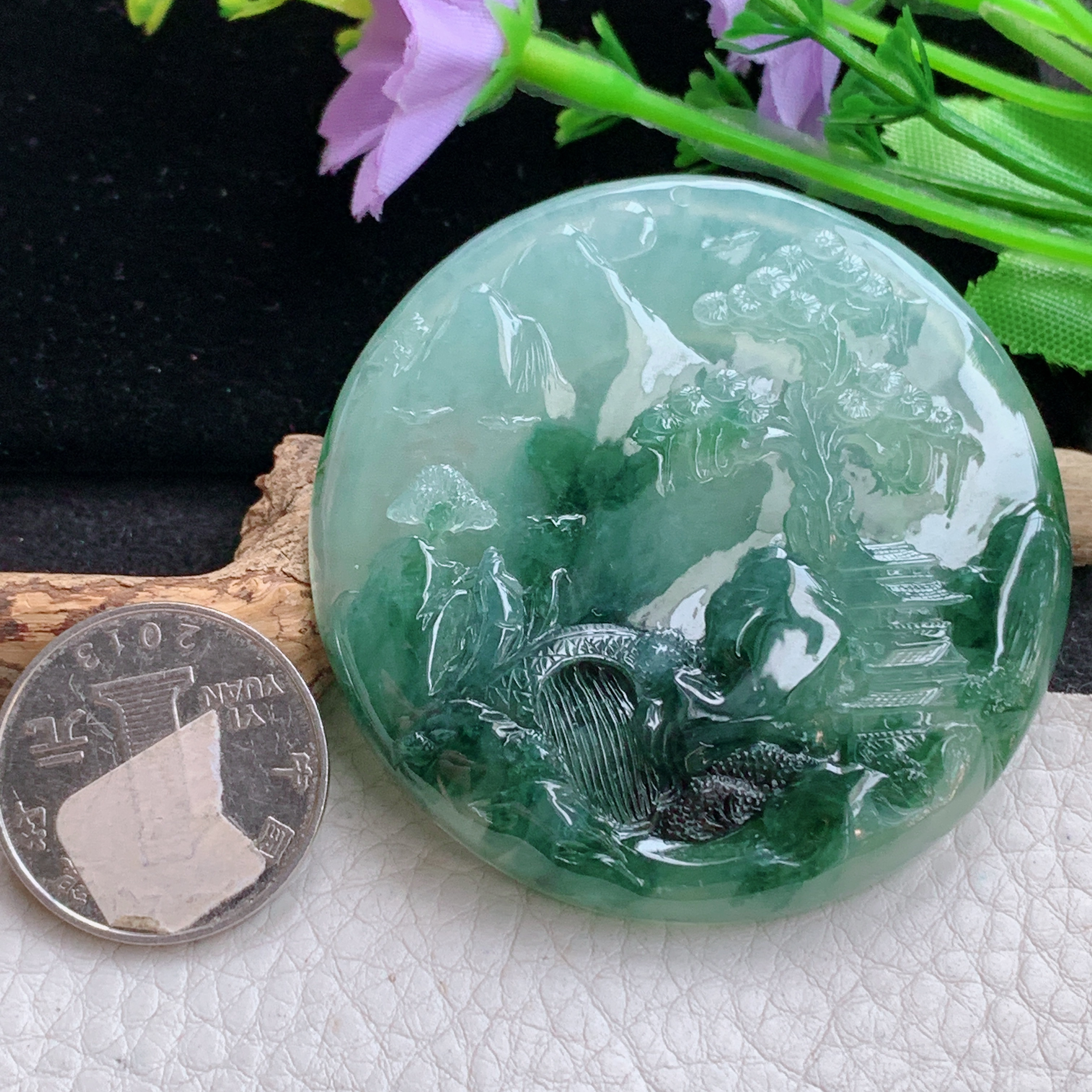 Sx实拍57.8*8缅甸天然翡翠冰飘花大山水牌吊坠步步高升项坠