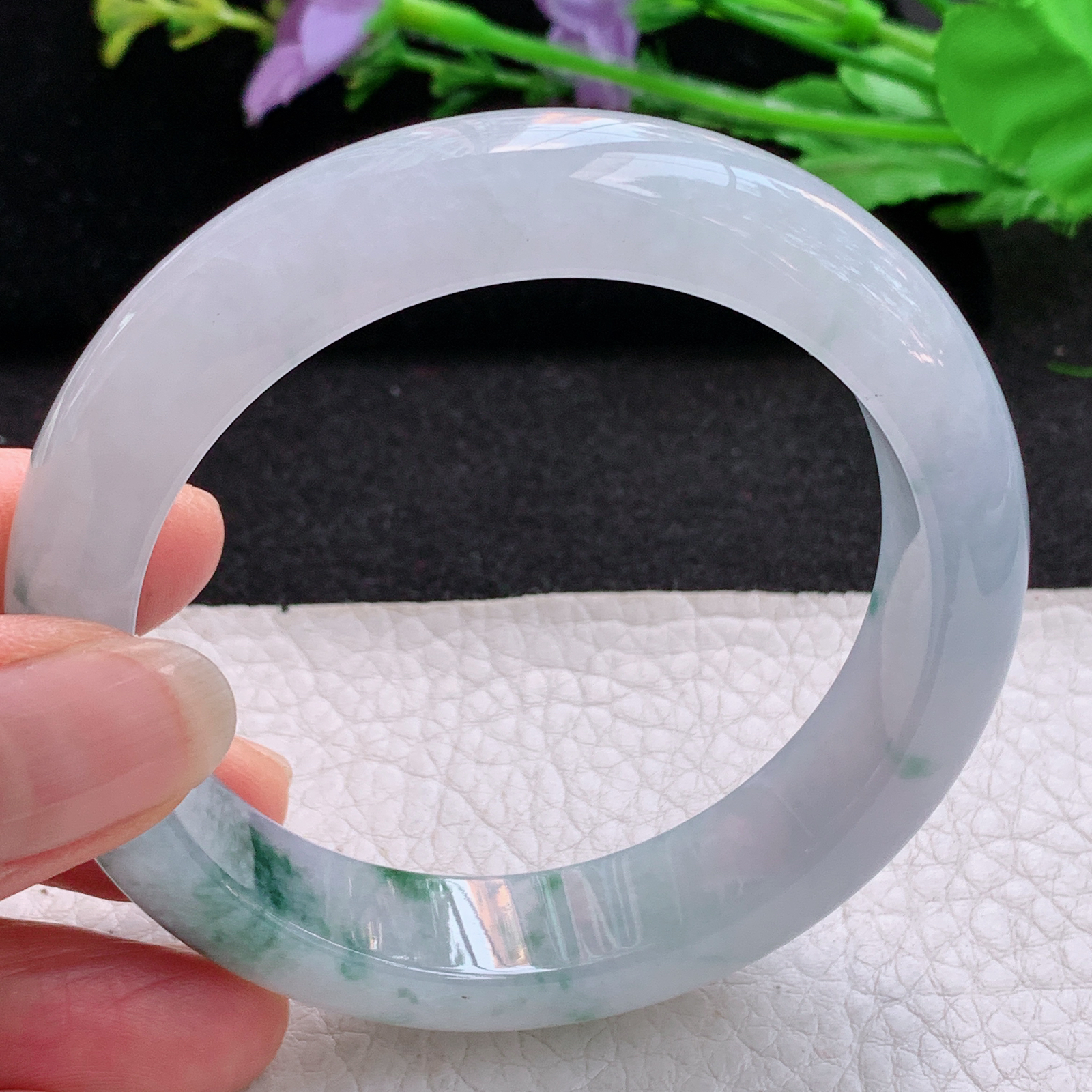 xo飘逸款56*13.5*8.8平安镯 天然缅甸翡翠A货冰飘花宽边玉手环