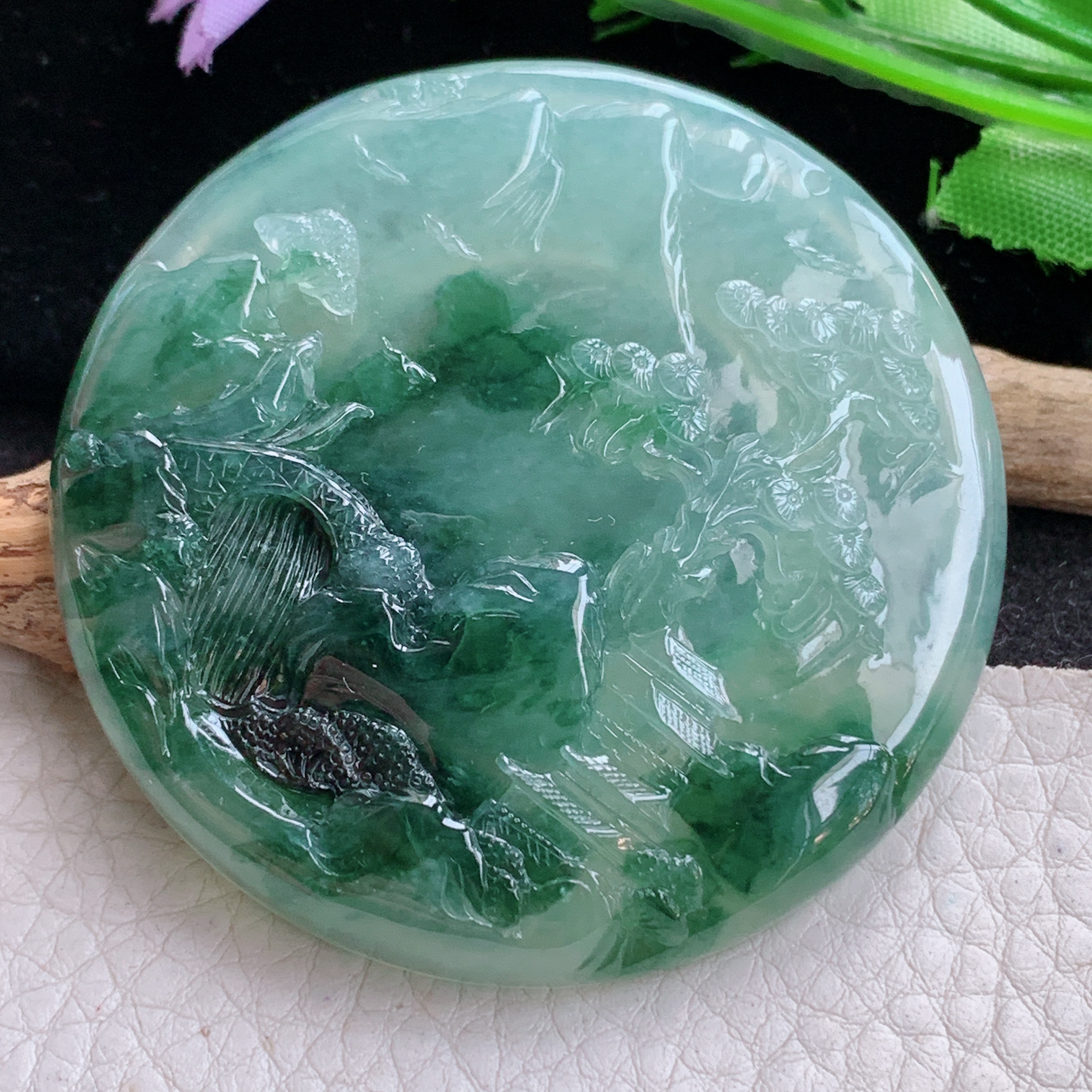 Sx实拍57.8*8缅甸天然翡翠冰飘花大山水牌吊坠步步高升项坠