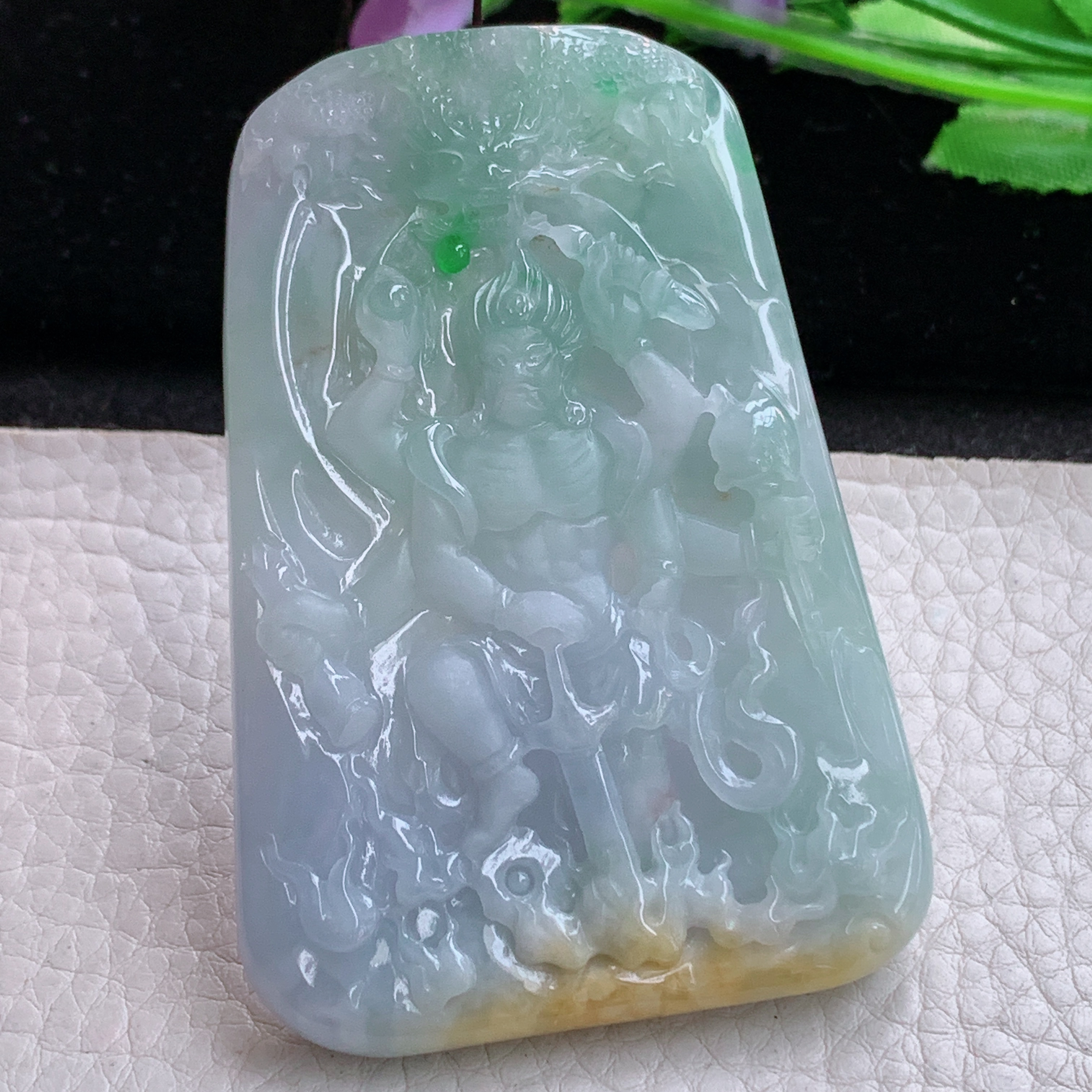 Sx实拍71.5*49.5*7.5缅甸天然翡翠春带彩不动明王吊坠六臂菩萨项坠