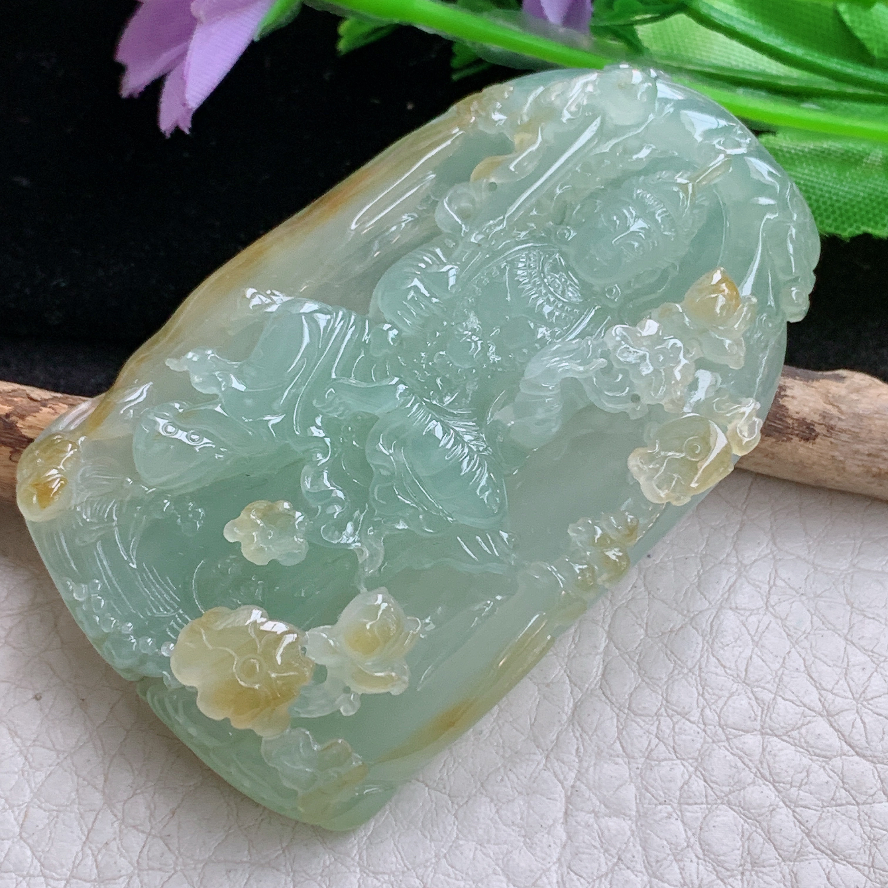 Sx实拍67*41*13.2缅甸天然翡翠冰黄翡虚空藏菩萨吊坠男款坐莲观音项坠