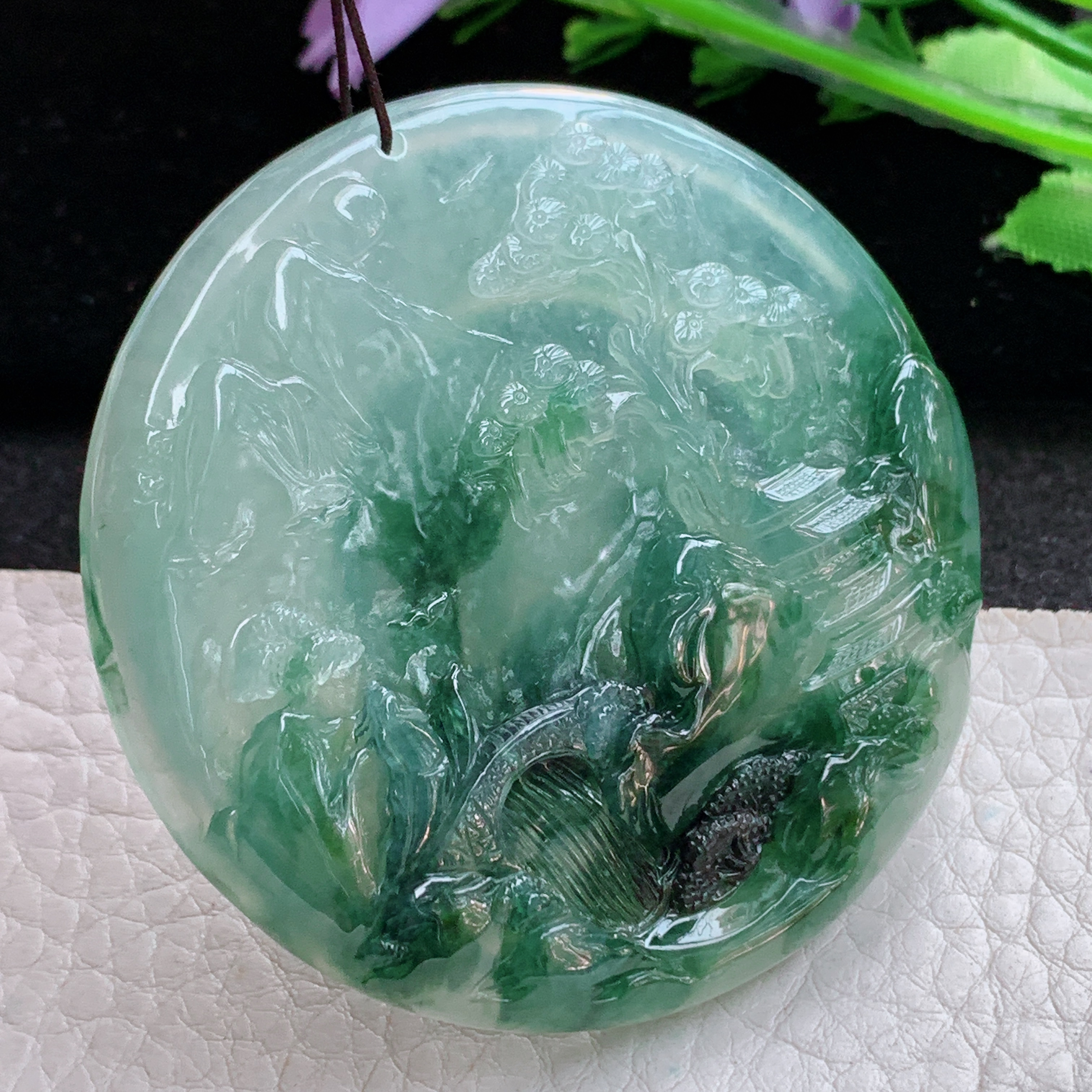 Sx实拍57.8*8缅甸天然翡翠冰飘花大山水牌吊坠步步高升项坠