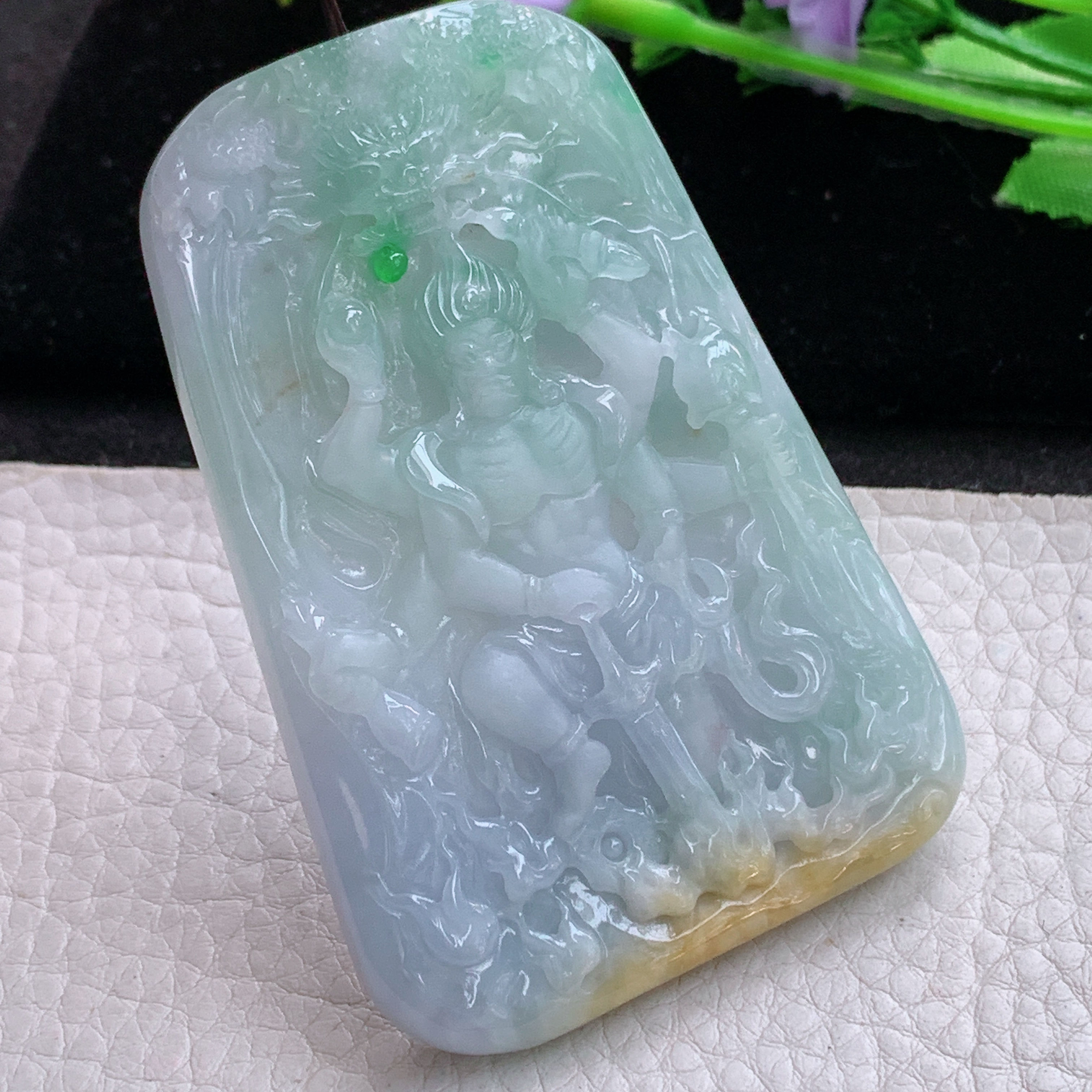 Sx实拍71.5*49.5*7.5缅甸天然翡翠春带彩不动明王吊坠六臂菩萨项坠