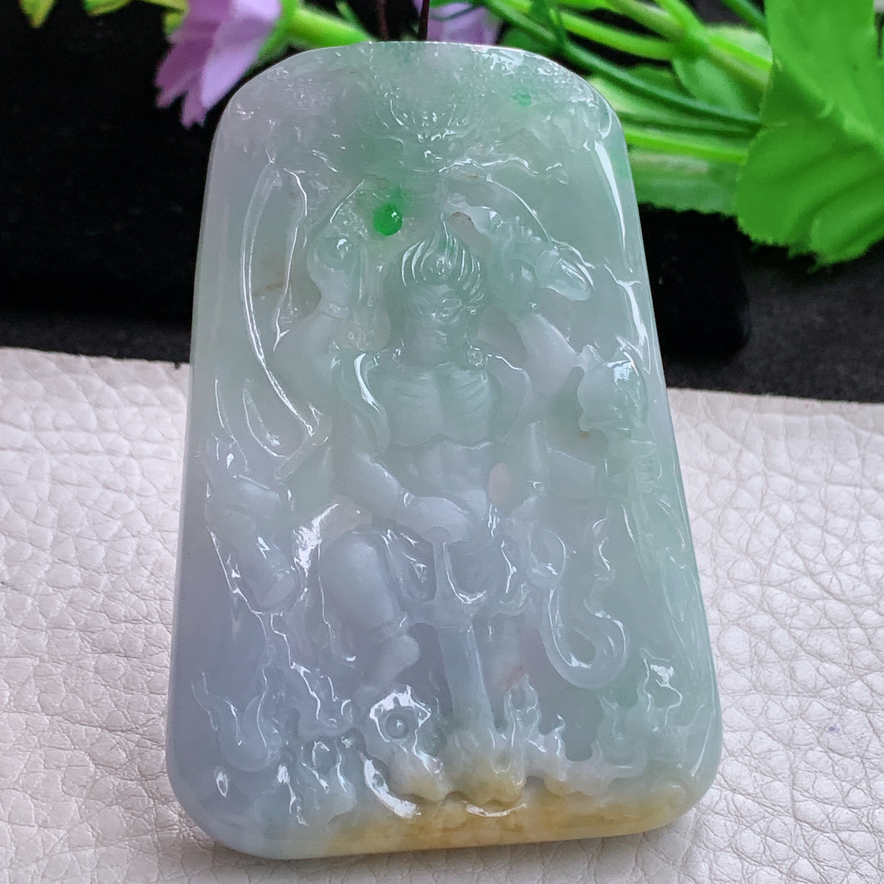 Sx实拍71.5*49.5*7.5缅甸天然翡翠春带彩不动明王吊坠六臂菩萨项坠