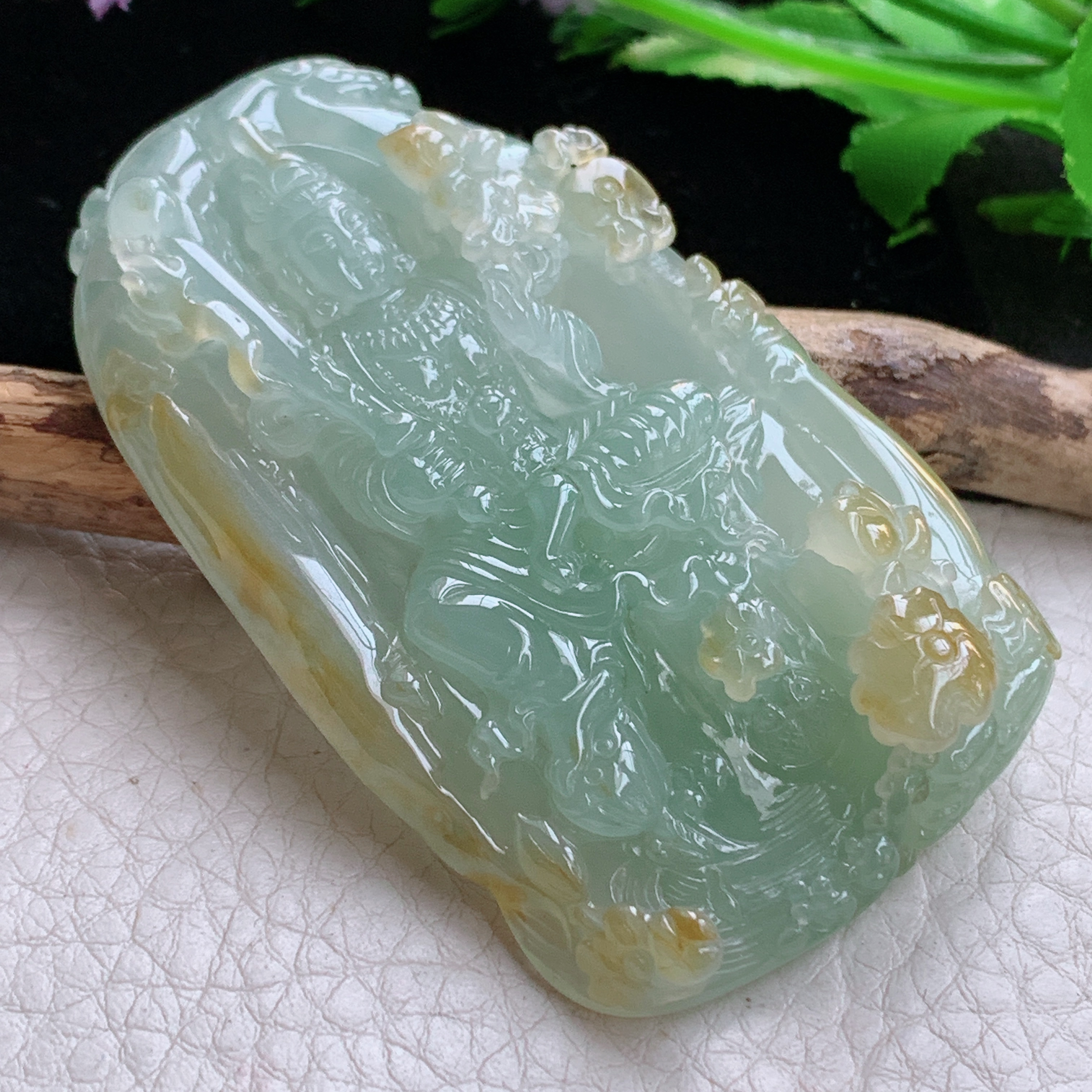 Sx实拍67*41*13.2缅甸天然翡翠冰黄翡虚空藏菩萨吊坠男款坐莲观音项坠