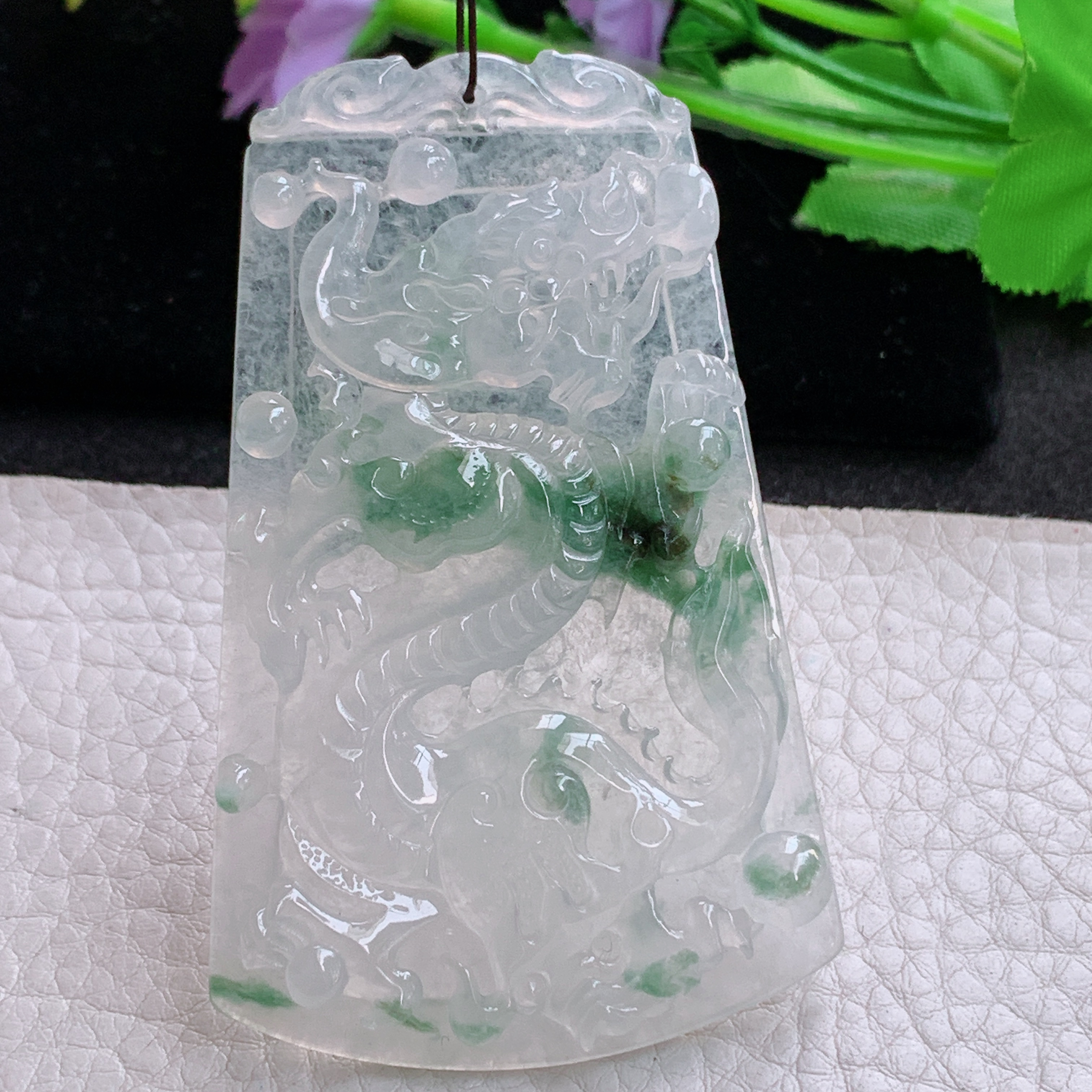Sx实拍71.8*45*5.8缅甸天然翡翠冰飘花大龙牌吊坠男款飞龙在天项坠