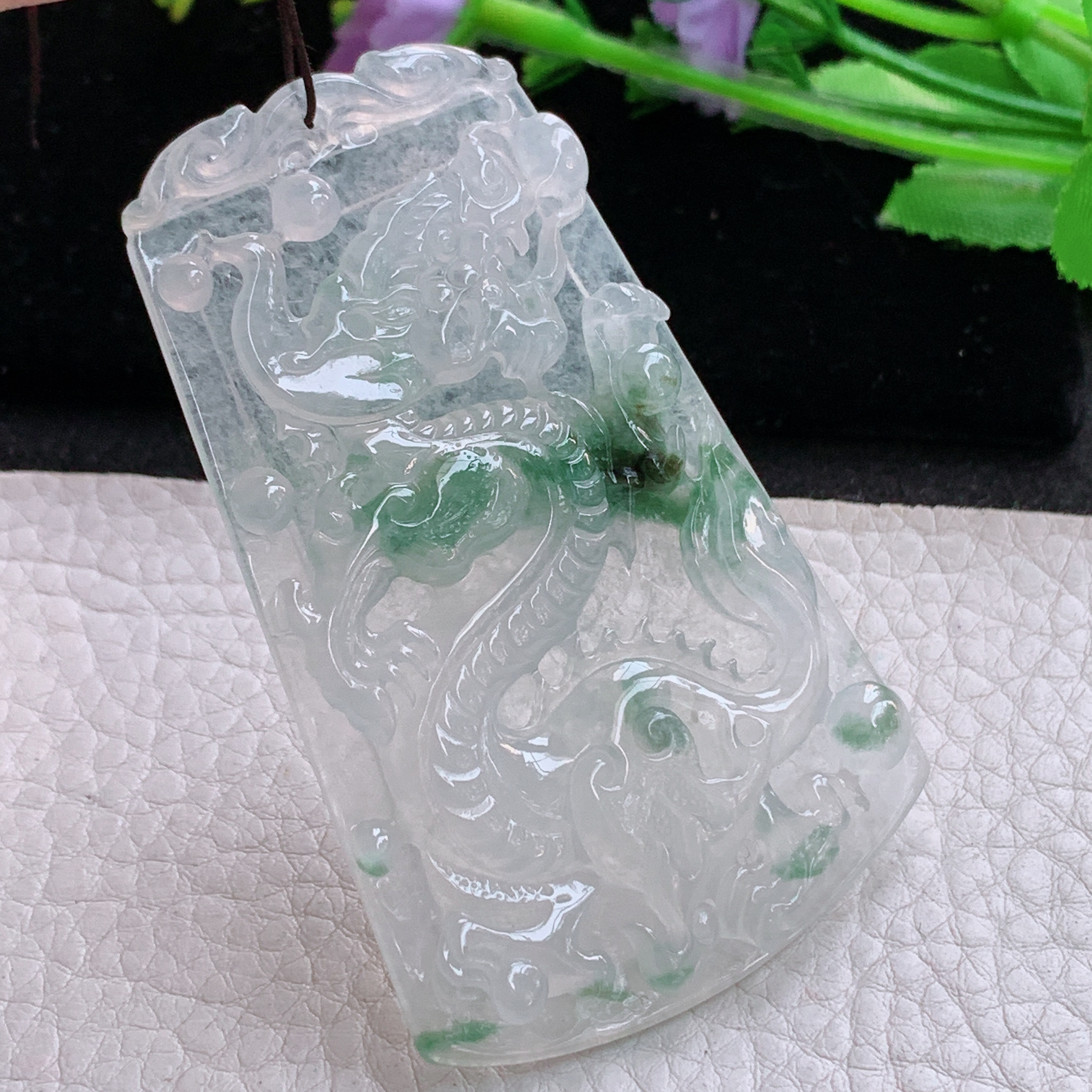 Sx实拍71.8*45*5.8缅甸天然翡翠冰飘花大龙牌吊坠男款飞龙在天项坠