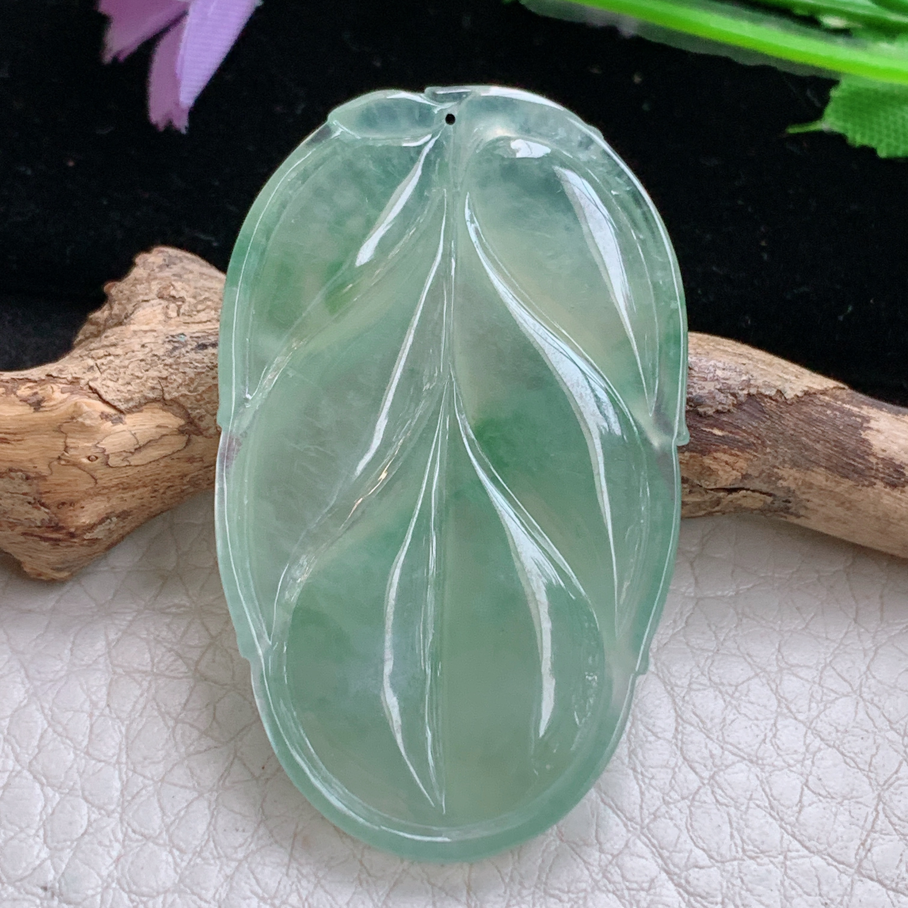 Sx实拍48.5*29.5*5.5缅甸天然翡翠冰睛水大叶子吊坠玉叶项坠