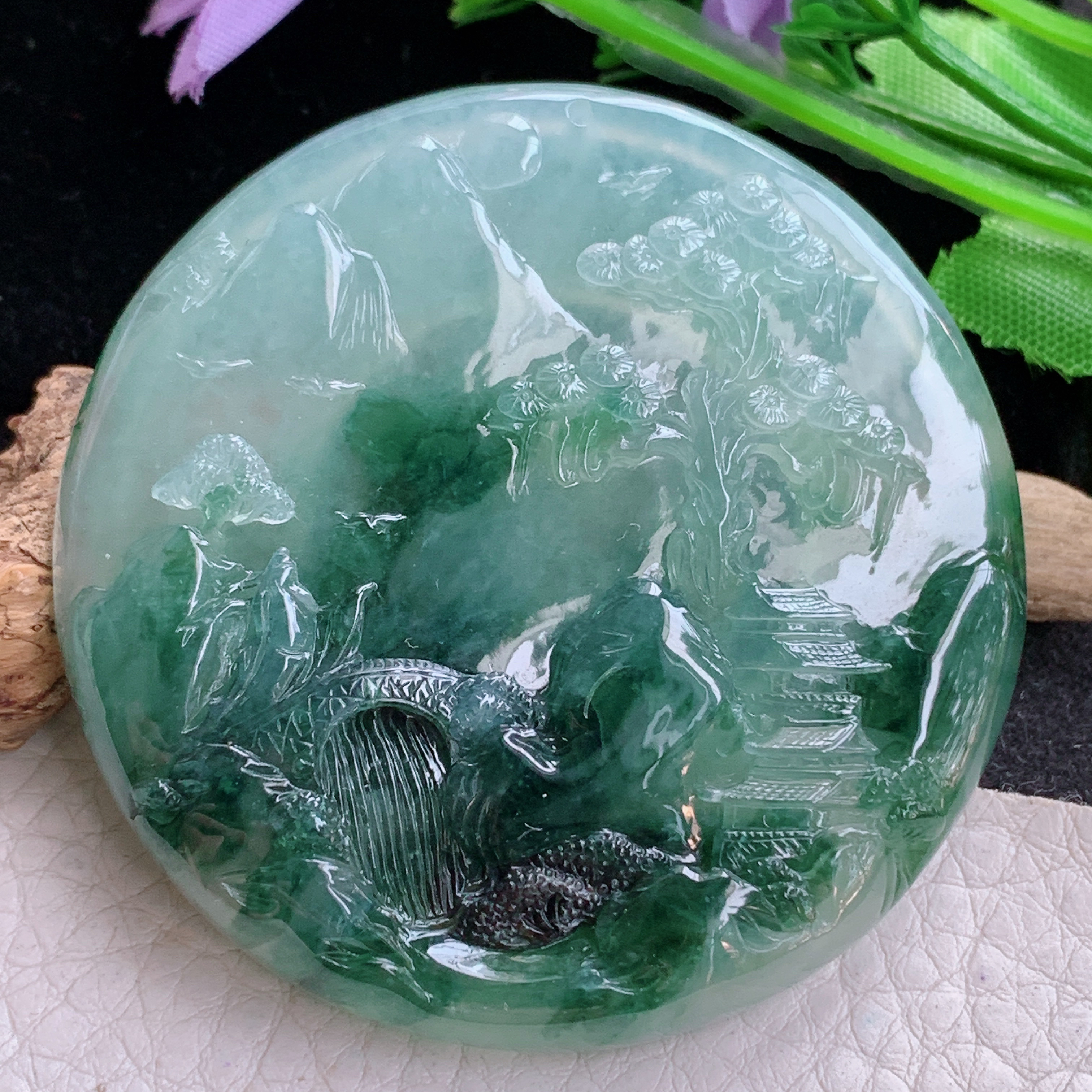 Sx实拍57.8*8缅甸天然翡翠冰飘花大山水牌吊坠步步高升项坠