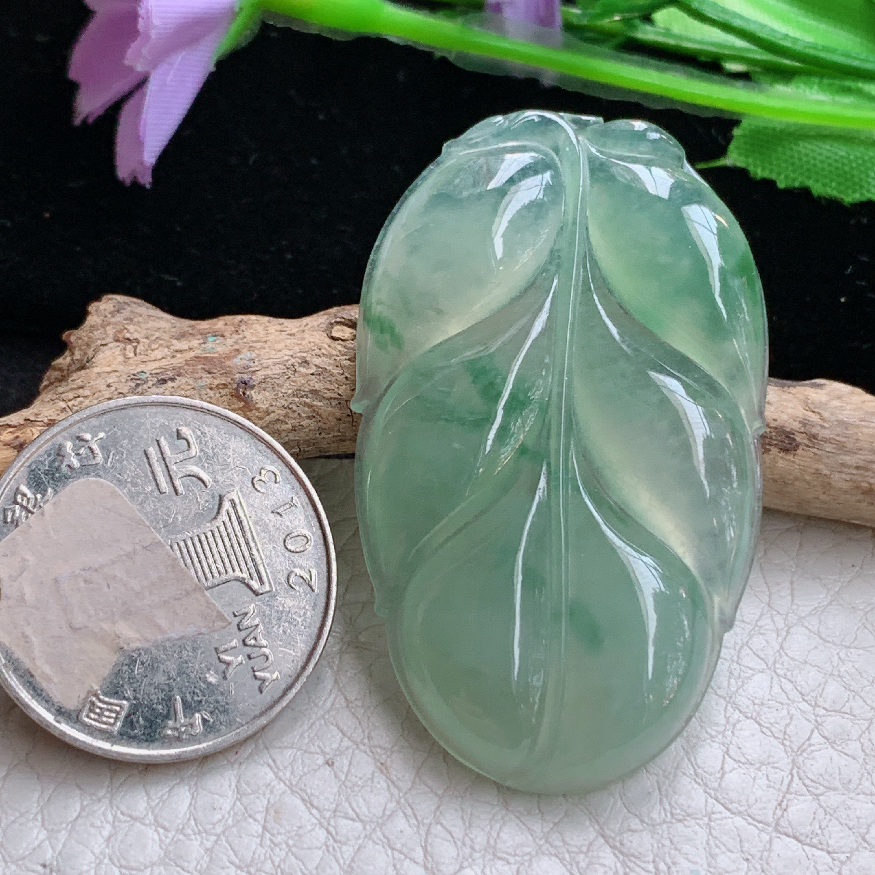 Sx实拍48.5*29.5*5.5缅甸天然翡翠冰睛水大叶子吊坠玉叶项坠