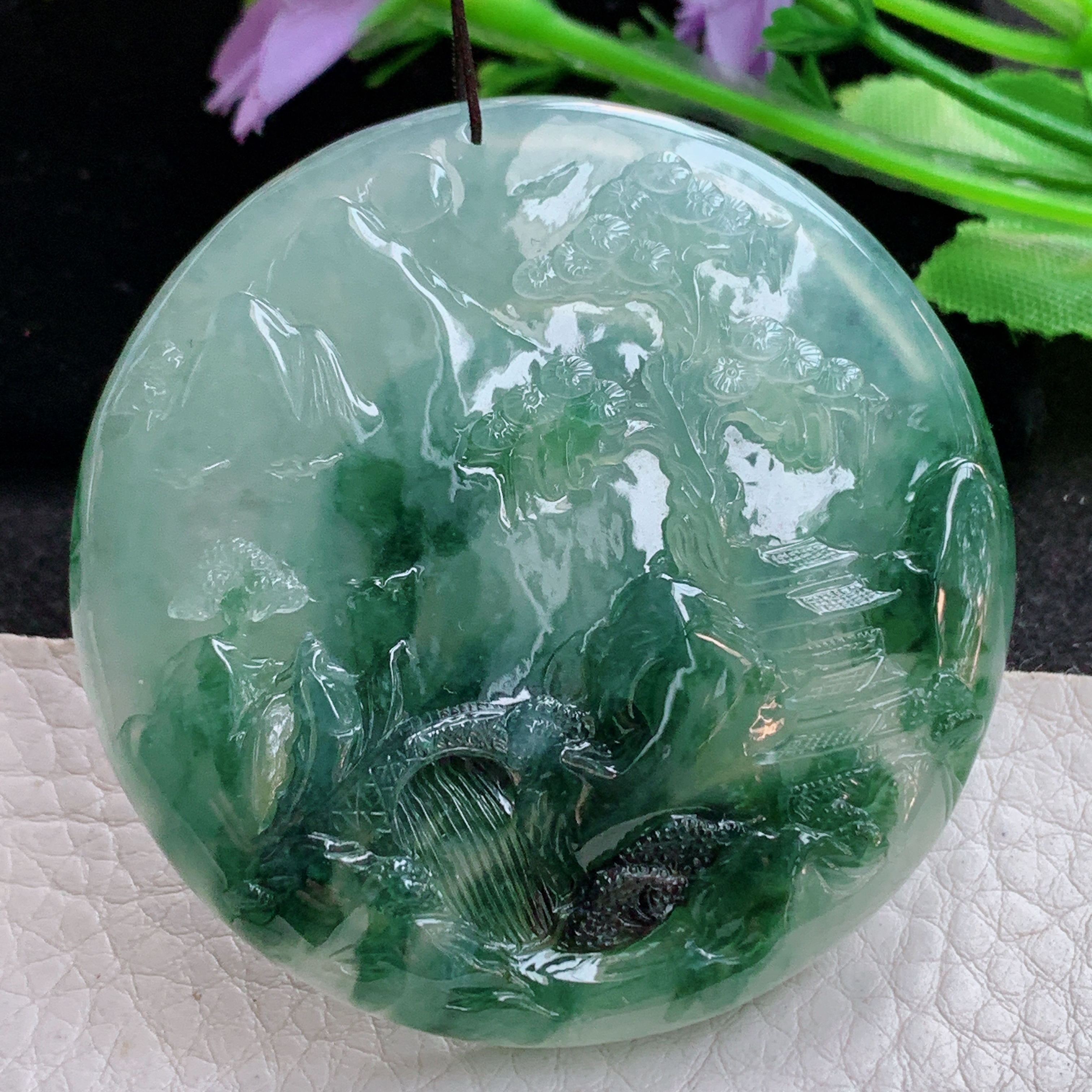 Sx实拍57.8*8缅甸天然翡翠冰飘花大山水牌吊坠步步高升项坠