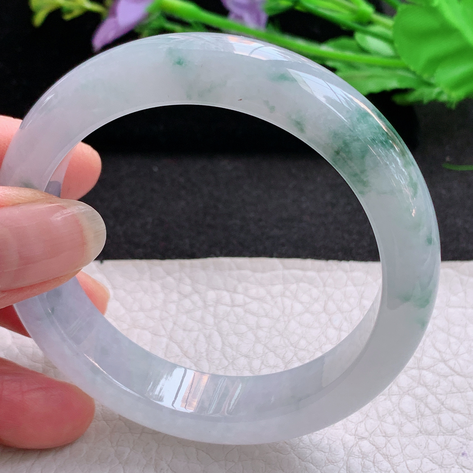 xo飘逸款56*13.5*8.8平安镯 天然缅甸翡翠A货冰飘花宽边玉手环