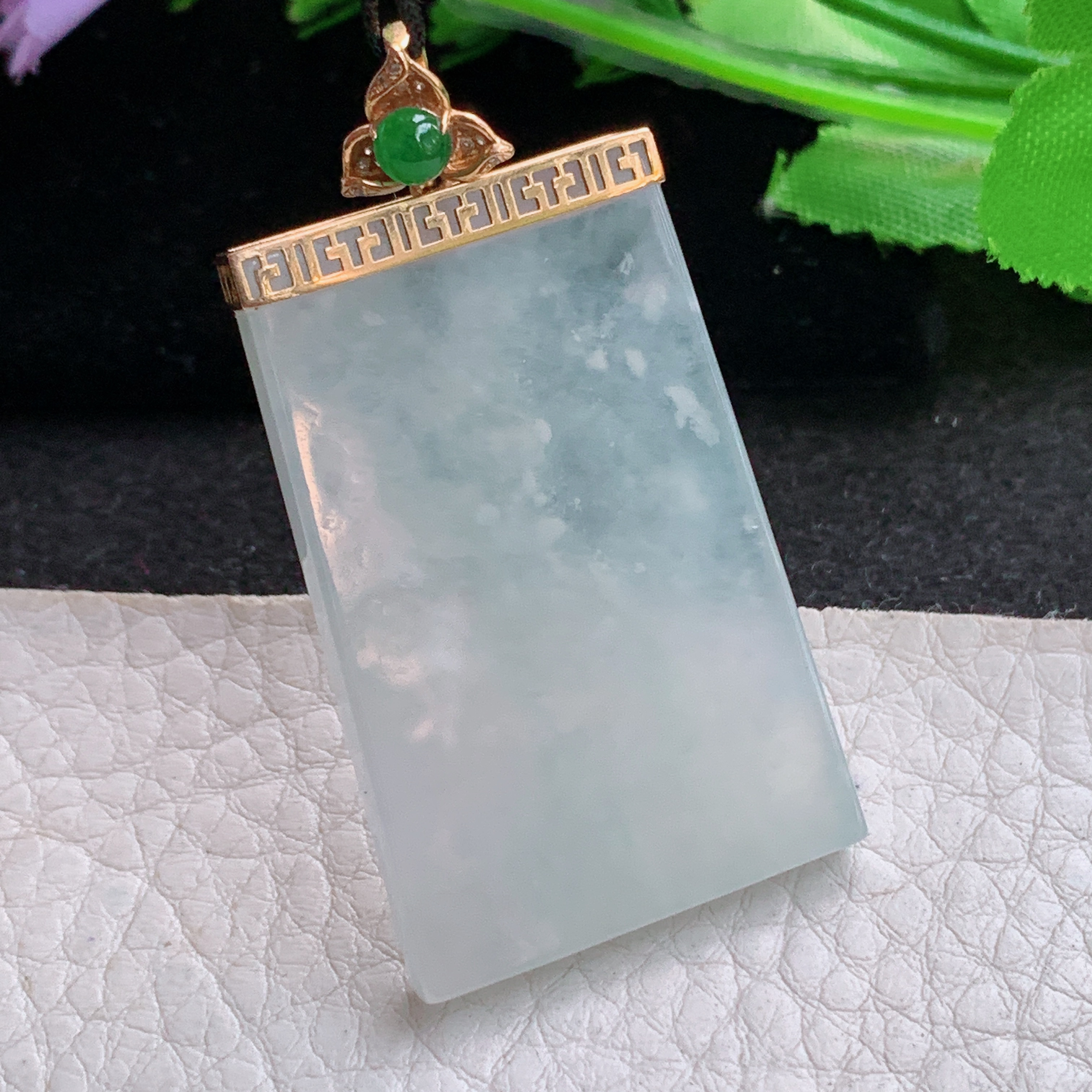 gp 实拍41.3*26.6*4.2缅甸天然翡翠冰透平安无事牌吊坠镶金玉坠