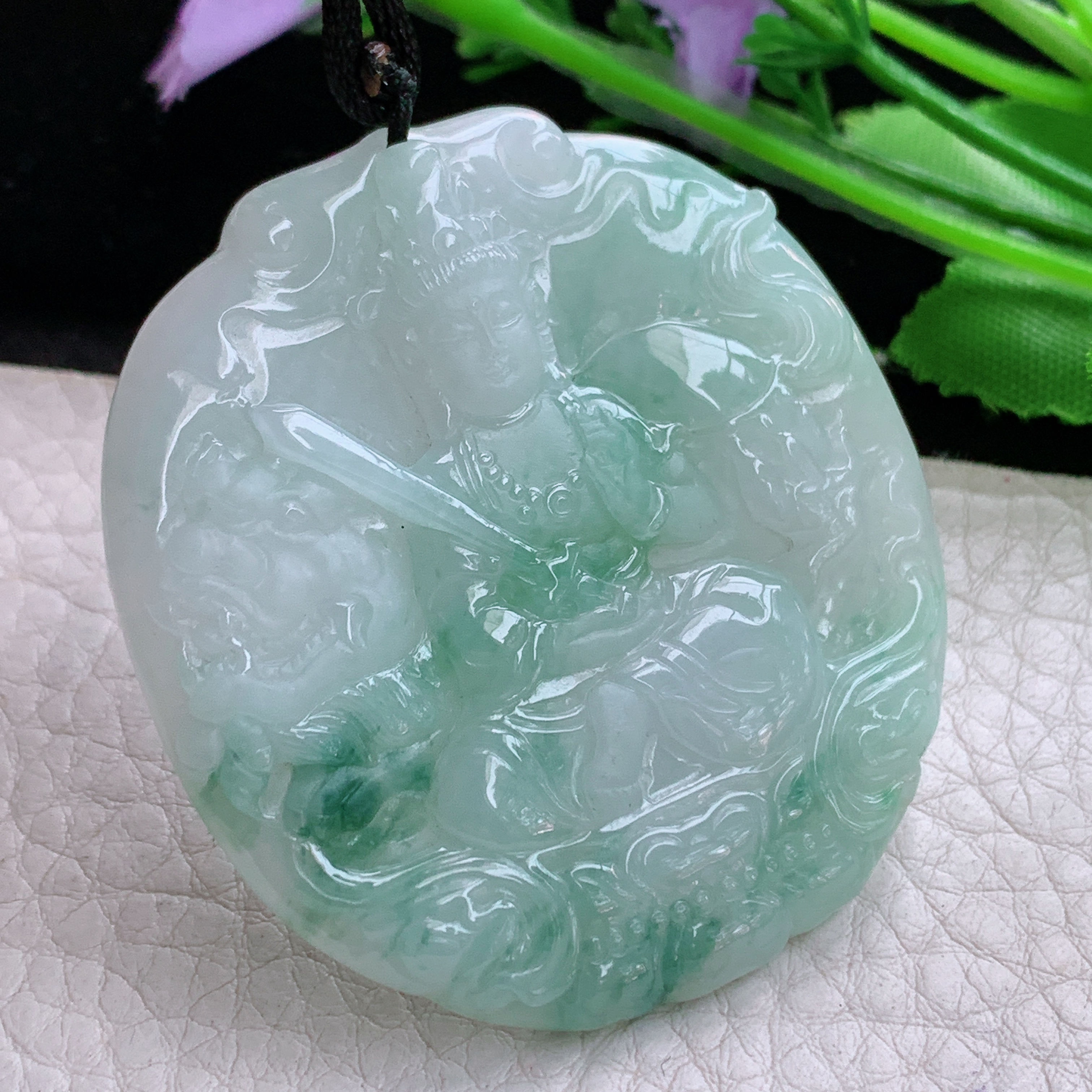 f8实拍51.5*48.6*5.6缅甸天然翡翠飘花文殊观音菩萨吊坠生肖守护神项坠