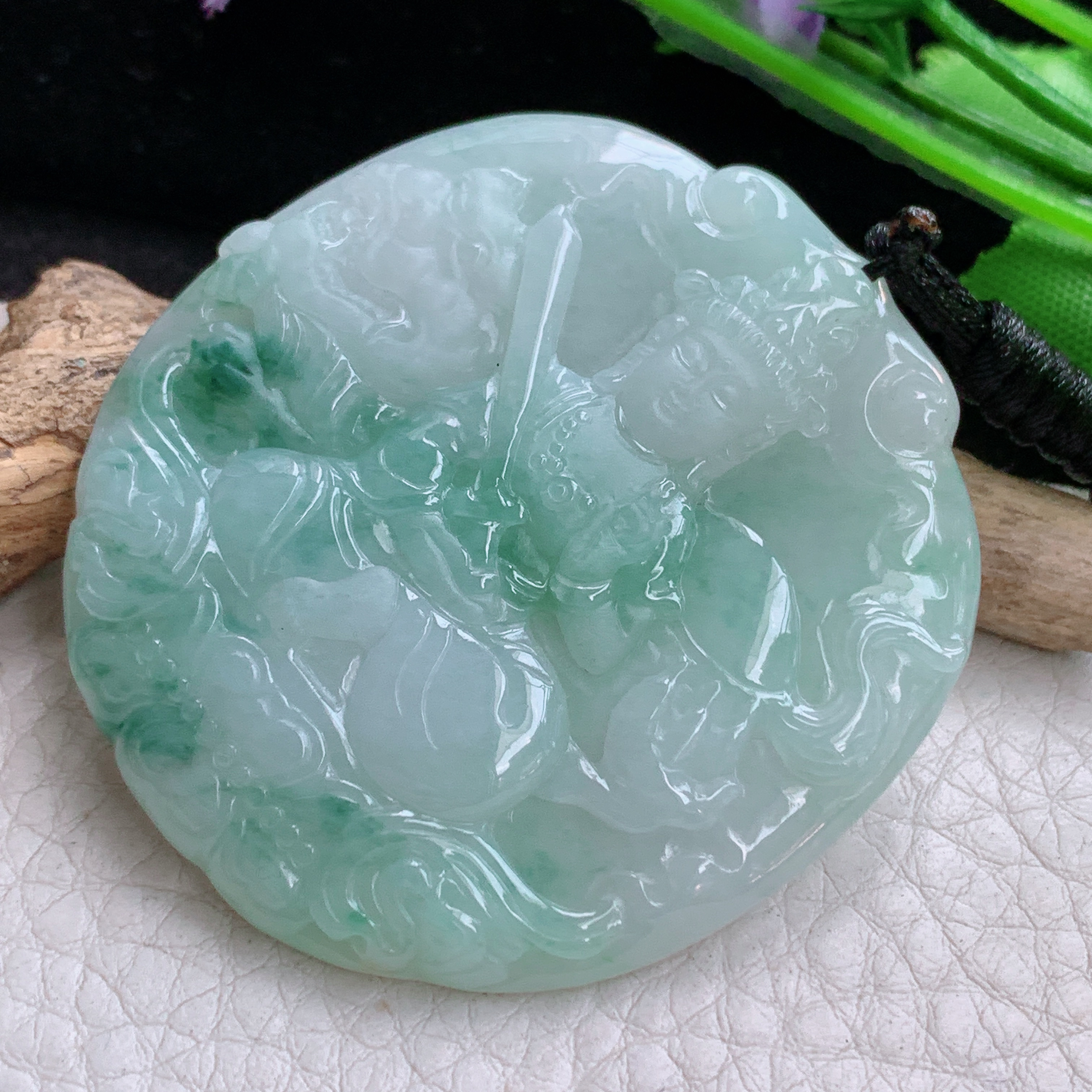 f8实拍51.5*48.6*5.6缅甸天然翡翠飘花文殊观音菩萨吊坠生肖守护神项坠