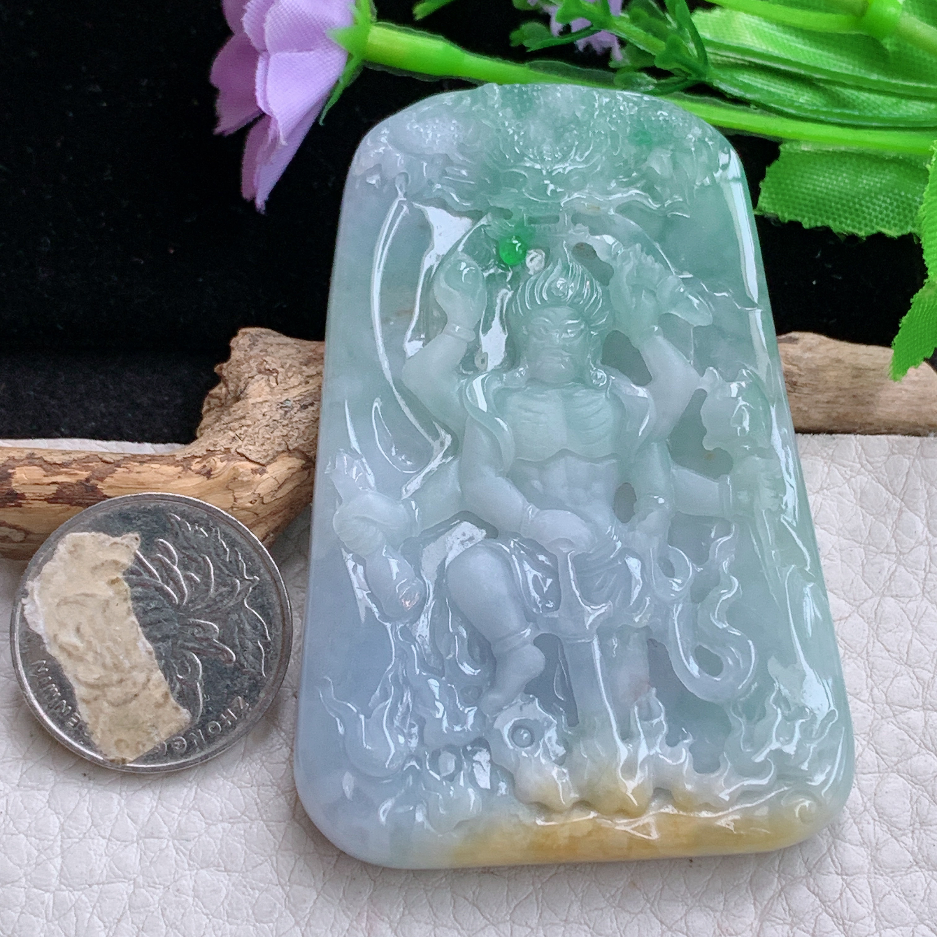 Sx实拍71.5*49.5*7.5缅甸天然翡翠春带彩不动明王吊坠六臂菩萨项坠