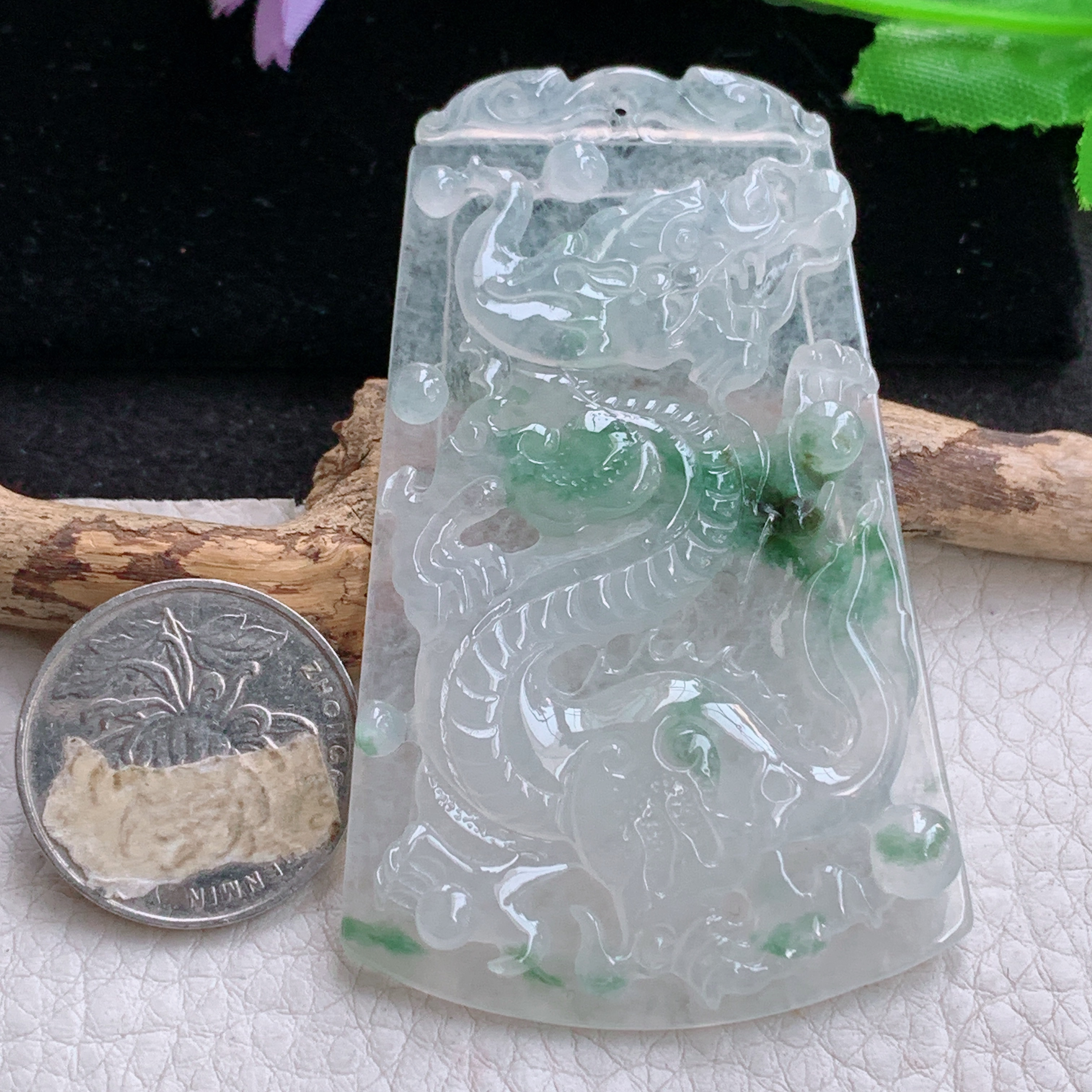 Sx实拍71.8*45*5.8缅甸天然翡翠冰飘花大龙牌吊坠男款飞龙在天项坠