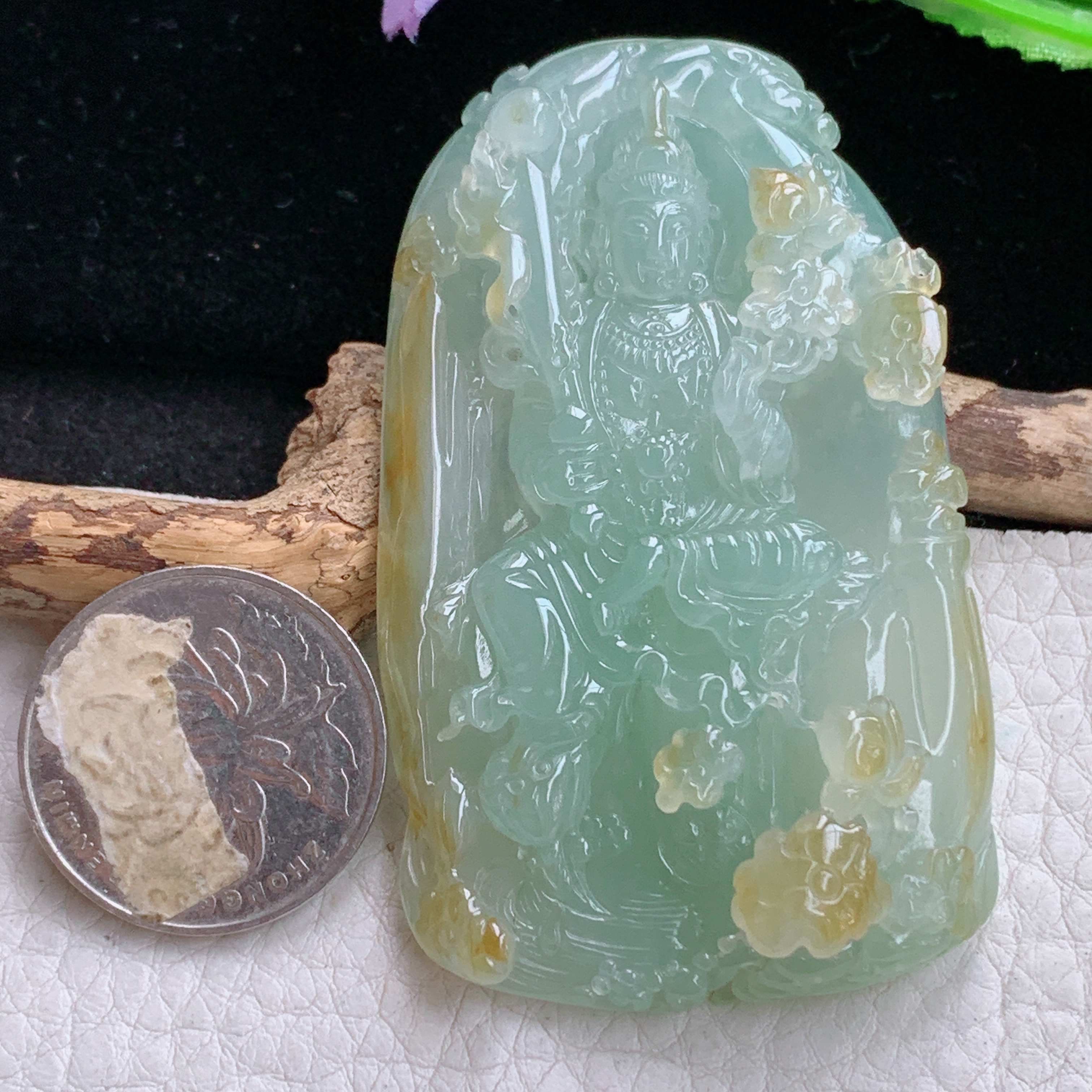 Sx实拍67*41*13.2缅甸天然翡翠冰黄翡虚空藏菩萨吊坠男款坐莲观音项坠