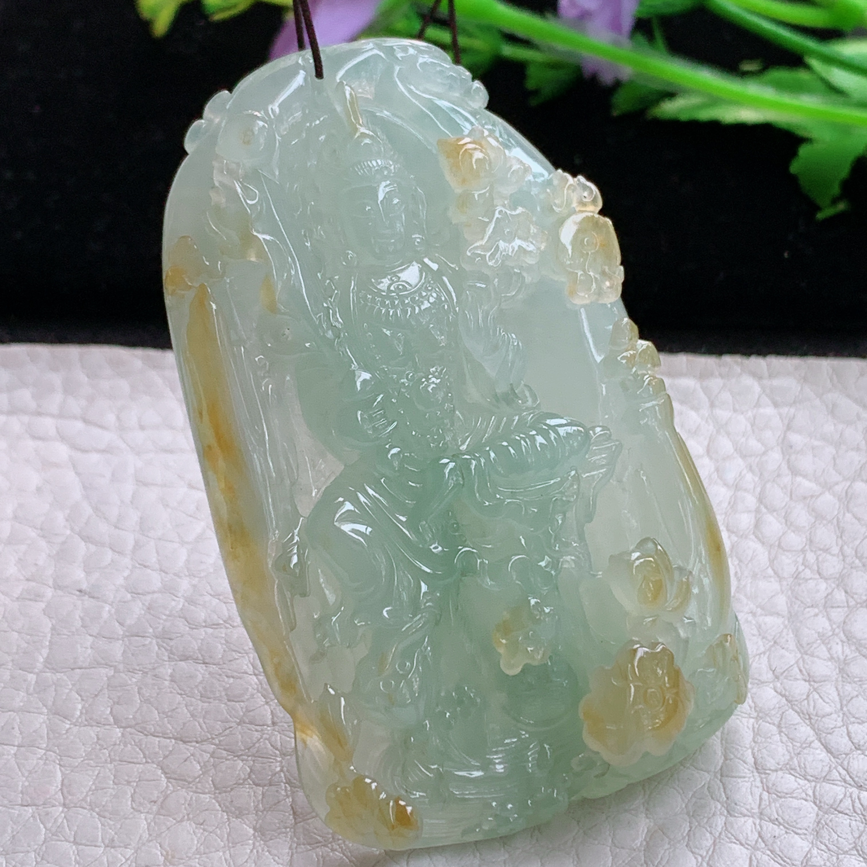 Sx实拍67*41*13.2缅甸天然翡翠冰黄翡虚空藏菩萨吊坠男款坐莲观音项坠