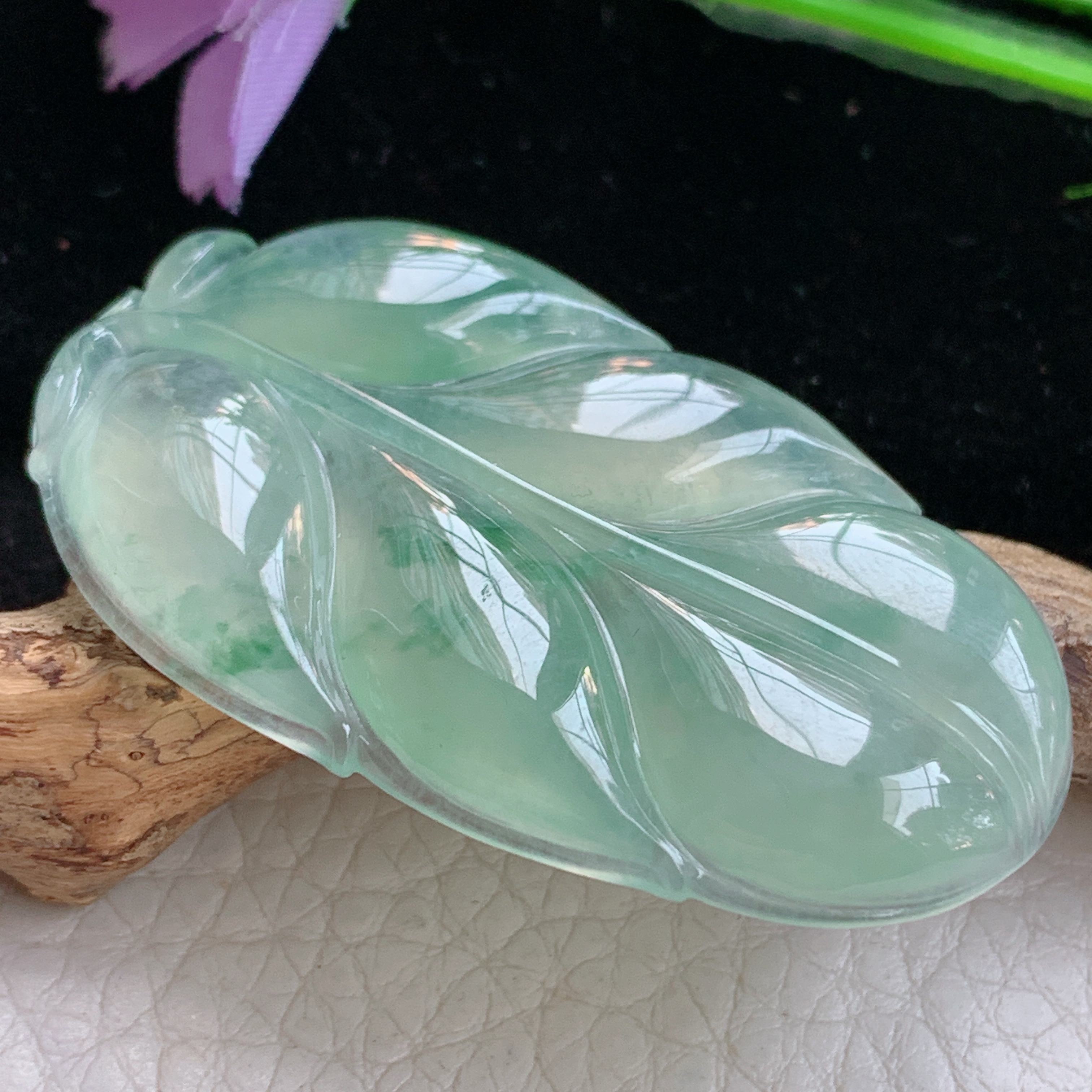 Sx实拍48.5*29.5*5.5缅甸天然翡翠冰睛水大叶子吊坠玉叶项坠