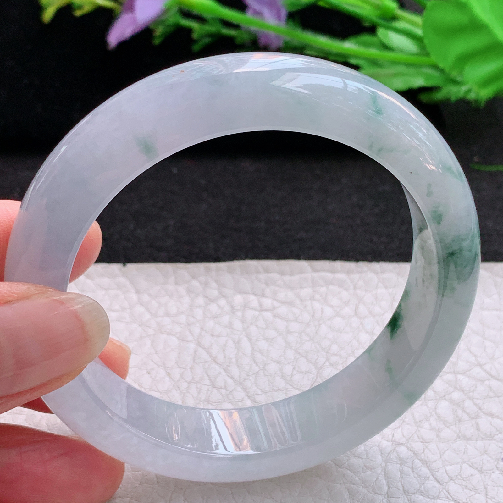 xo飘逸款56*13.5*8.8平安镯 天然缅甸翡翠A货冰飘花宽边玉手环