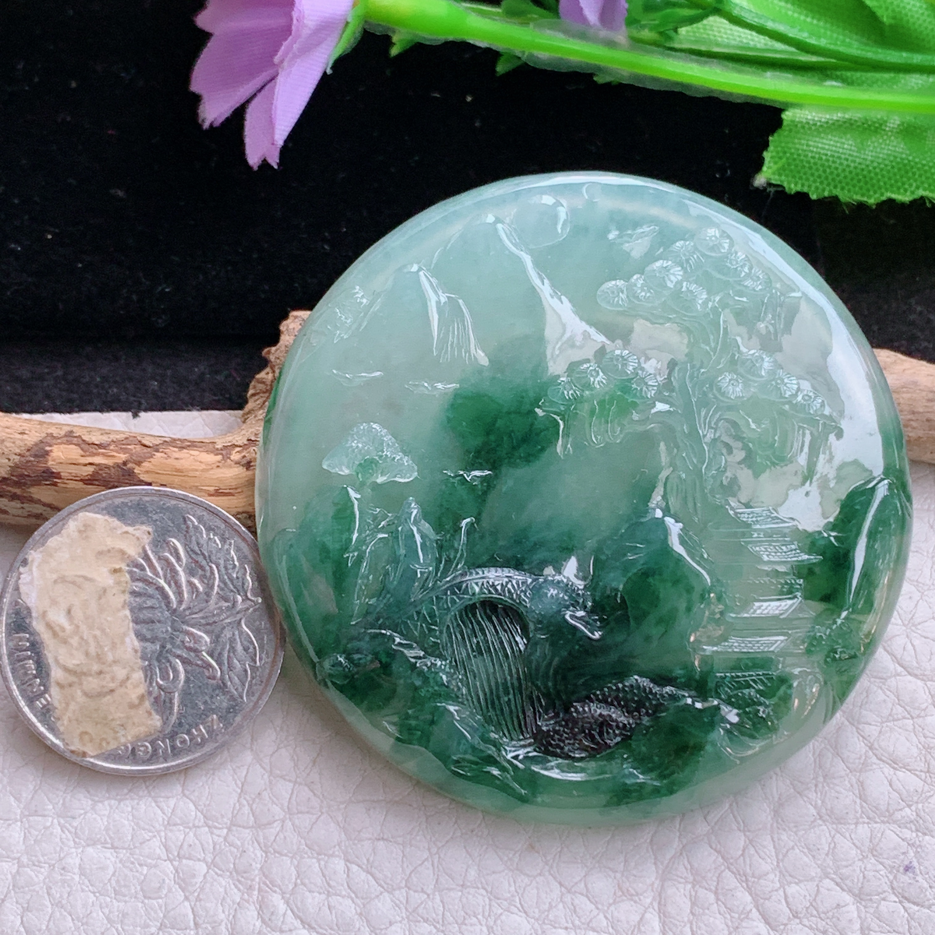 Sx实拍57.8*8缅甸天然翡翠冰飘花大山水牌吊坠步步高升项坠