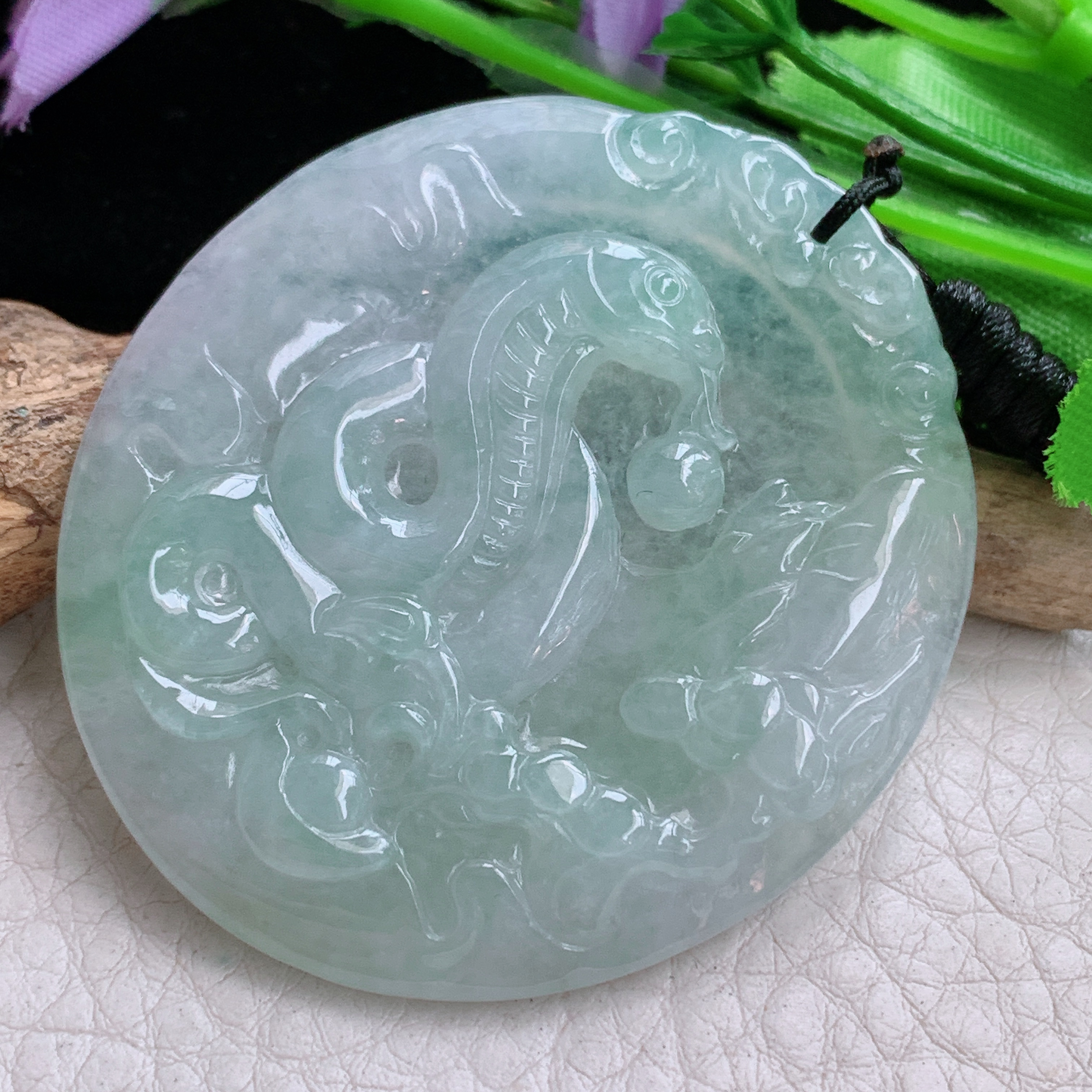 f8实拍52.5*47.2*5.3缅甸天然翡翠淡水绿生肖蛇吊坠腰缠万贯玉坠