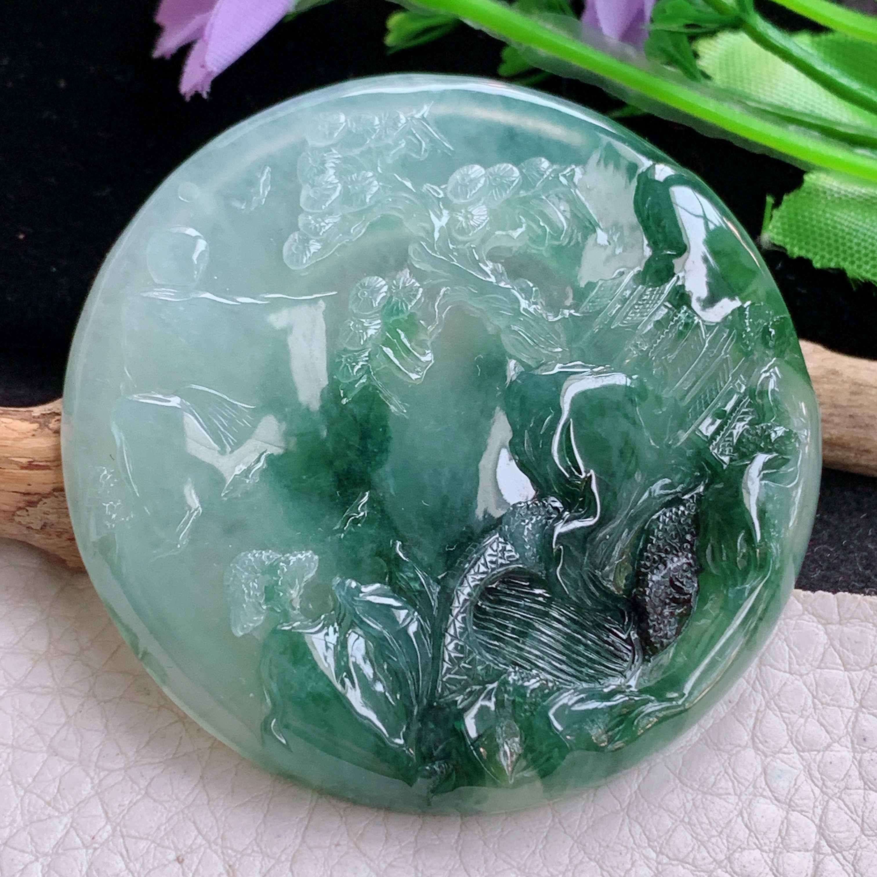 Sx实拍57.8*8缅甸天然翡翠冰飘花大山水牌吊坠步步高升项坠