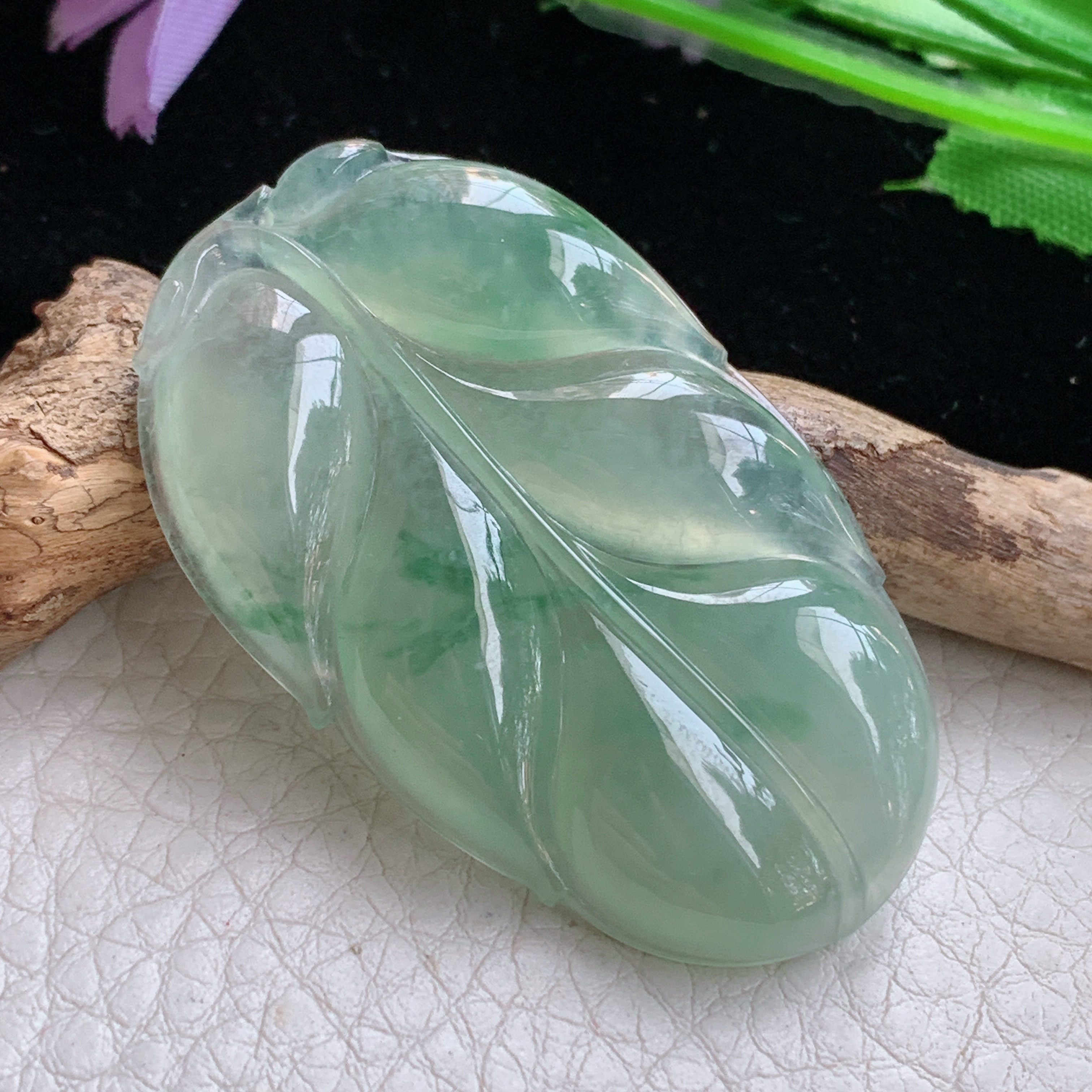 Sx实拍48.5*29.5*5.5缅甸天然翡翠冰睛水大叶子吊坠玉叶项坠