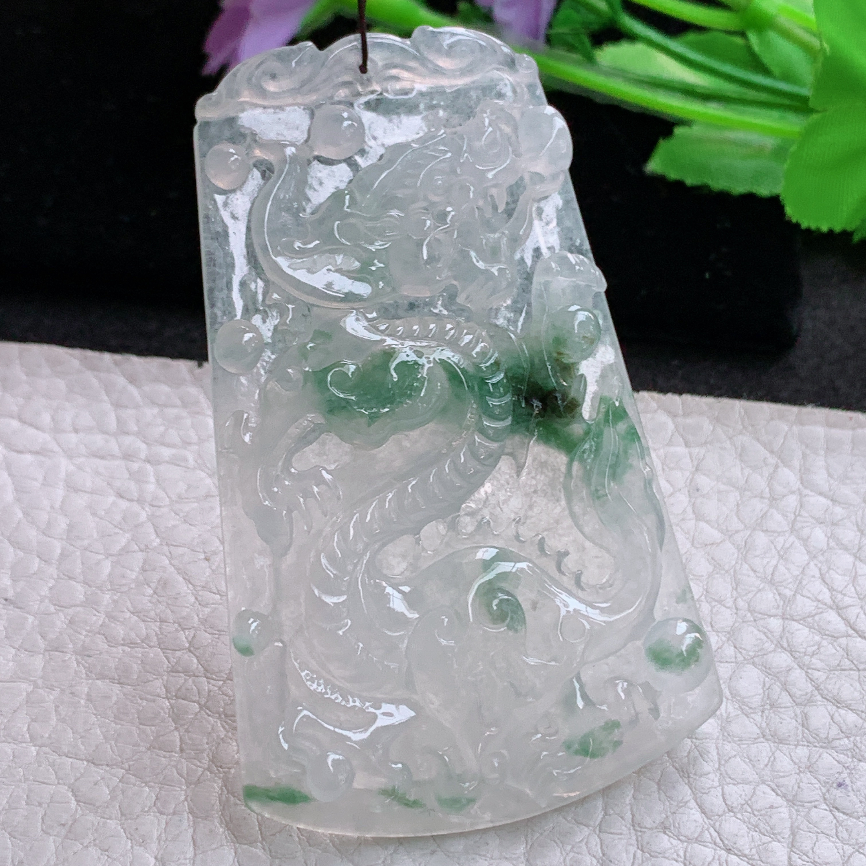 Sx实拍71.8*45*5.8缅甸天然翡翠冰飘花大龙牌吊坠男款飞龙在天项坠