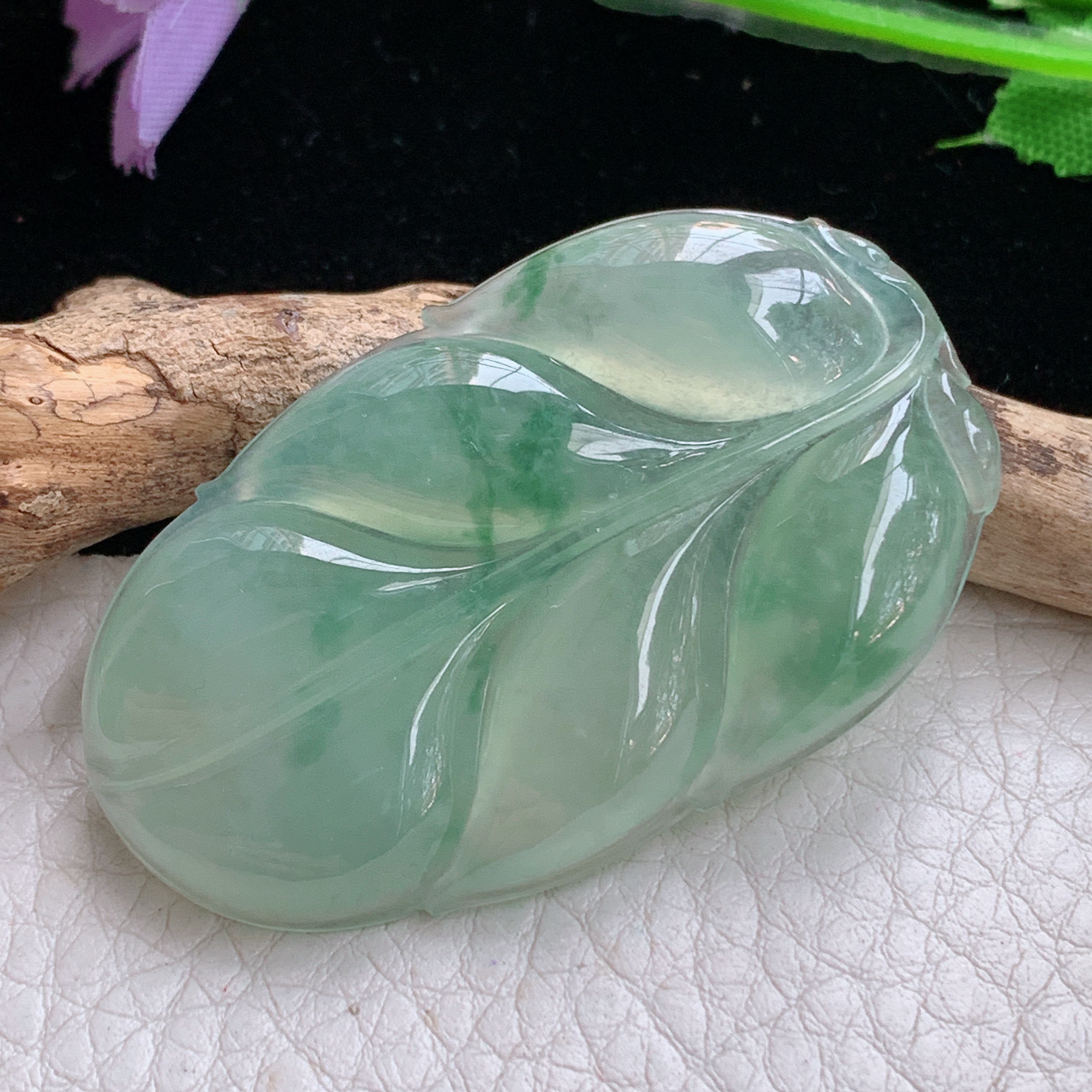 Sx实拍48.5*29.5*5.5缅甸天然翡翠冰睛水大叶子吊坠玉叶项坠