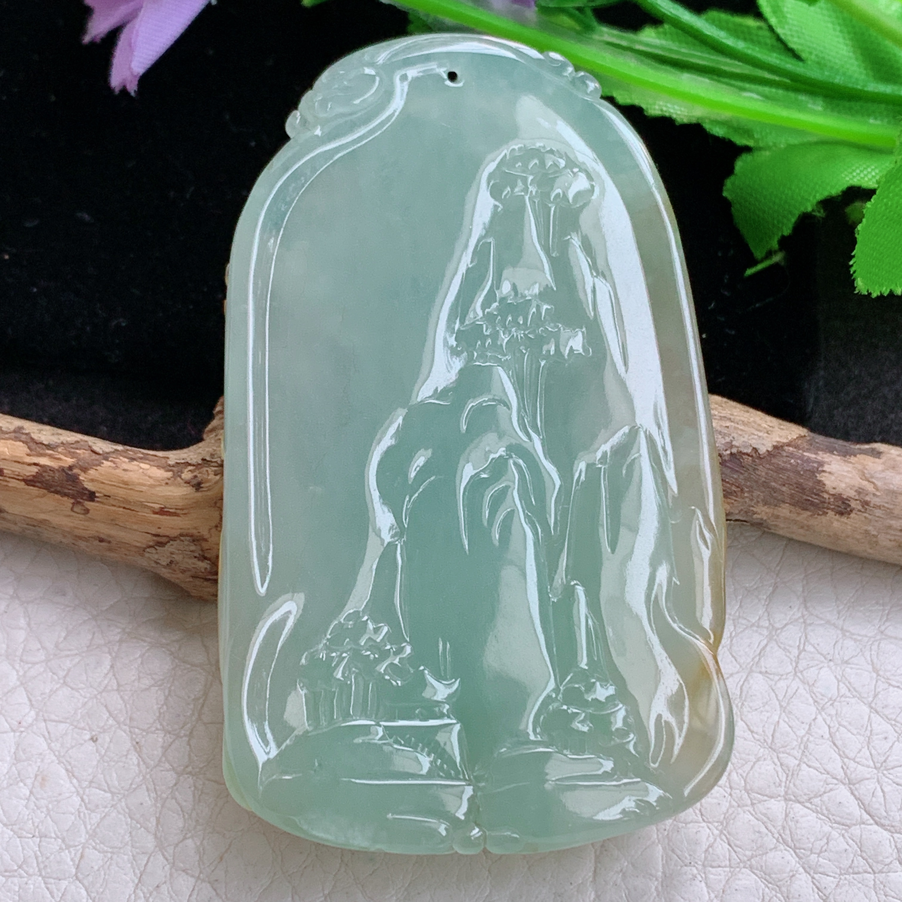 Sx实拍67*41*13.2缅甸天然翡翠冰黄翡虚空藏菩萨吊坠男款坐莲观音项坠