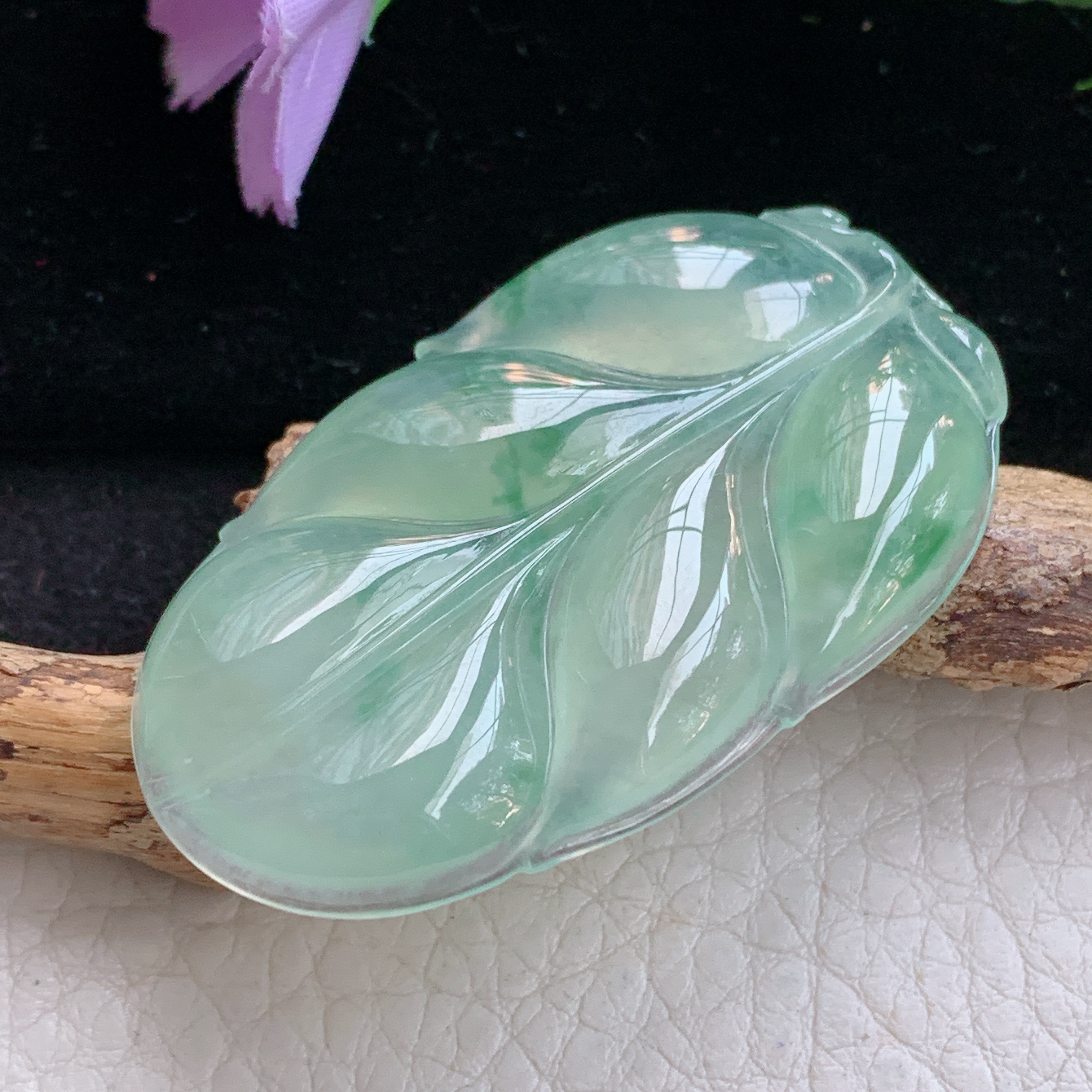 Sx实拍48.5*29.5*5.5缅甸天然翡翠冰睛水大叶子吊坠玉叶项坠